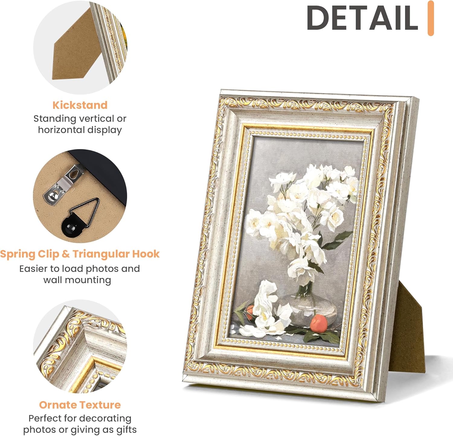upsimples 4x6 Picture Frame with Real Glass, Ornate Vintage 4 x 6 Photo Frames for Wall Decor or Tabletop Display, White and Gold, 2 Pack