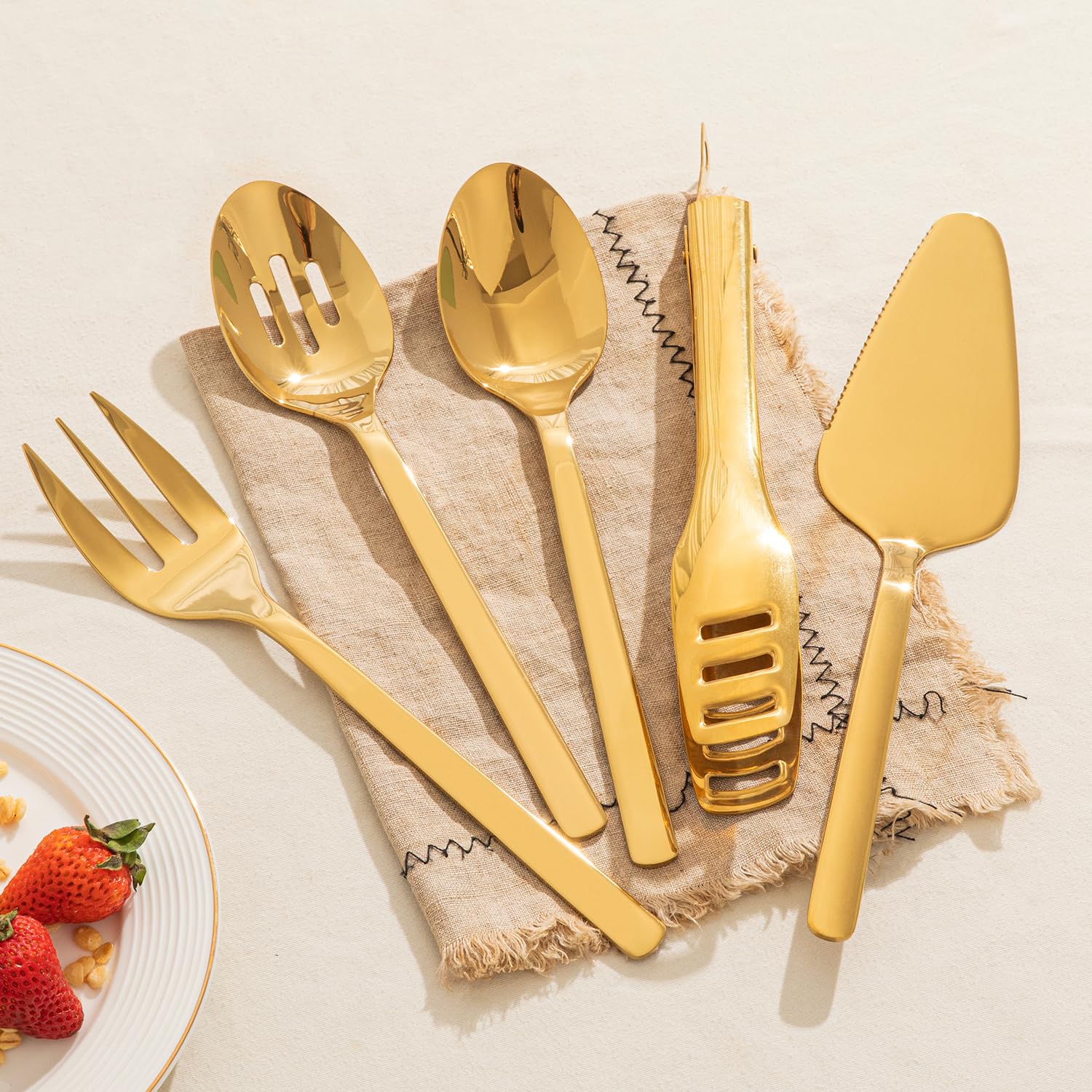 KINGSTONE Large Hostess Serving Utensils Set, 18/10 Stainless Steel Heavy Duty 10-inch Serving Utensils, Slotted Spoons, Forks, Tongs, Cake Pie Server for Buffet, Wedding, Party