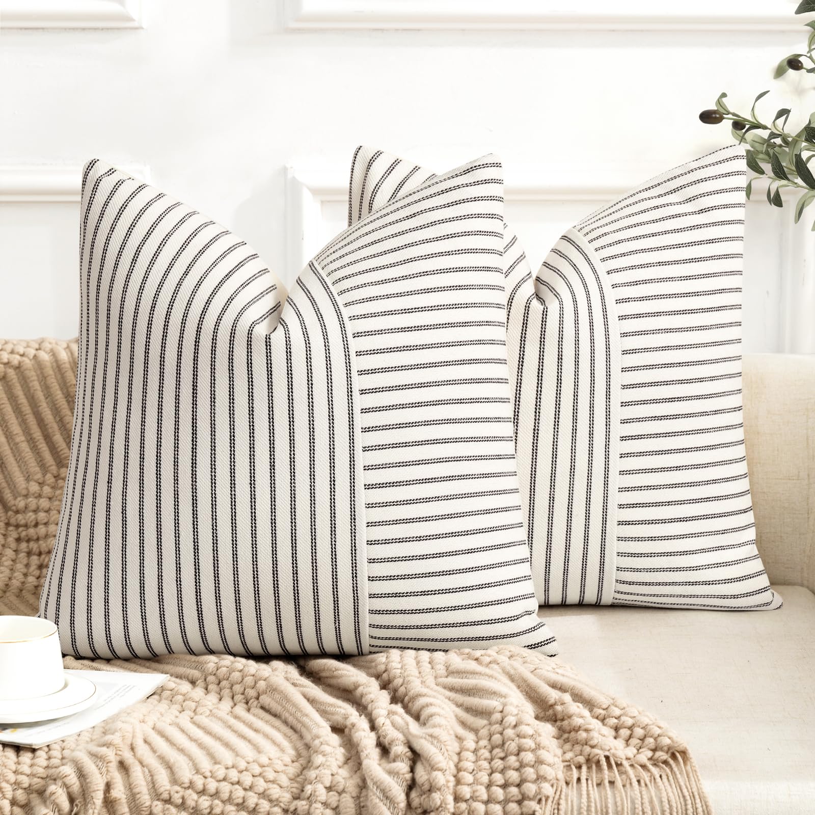 YCOLL Farmhouse Pillow Covers 18x18, Modern Accent Square Throw Pillow Covers Set of 2, Gray and Beige Striped Patchwork Linen Decorative Pillows Cushion Covers for Couch Chair Bedroom Home Decor