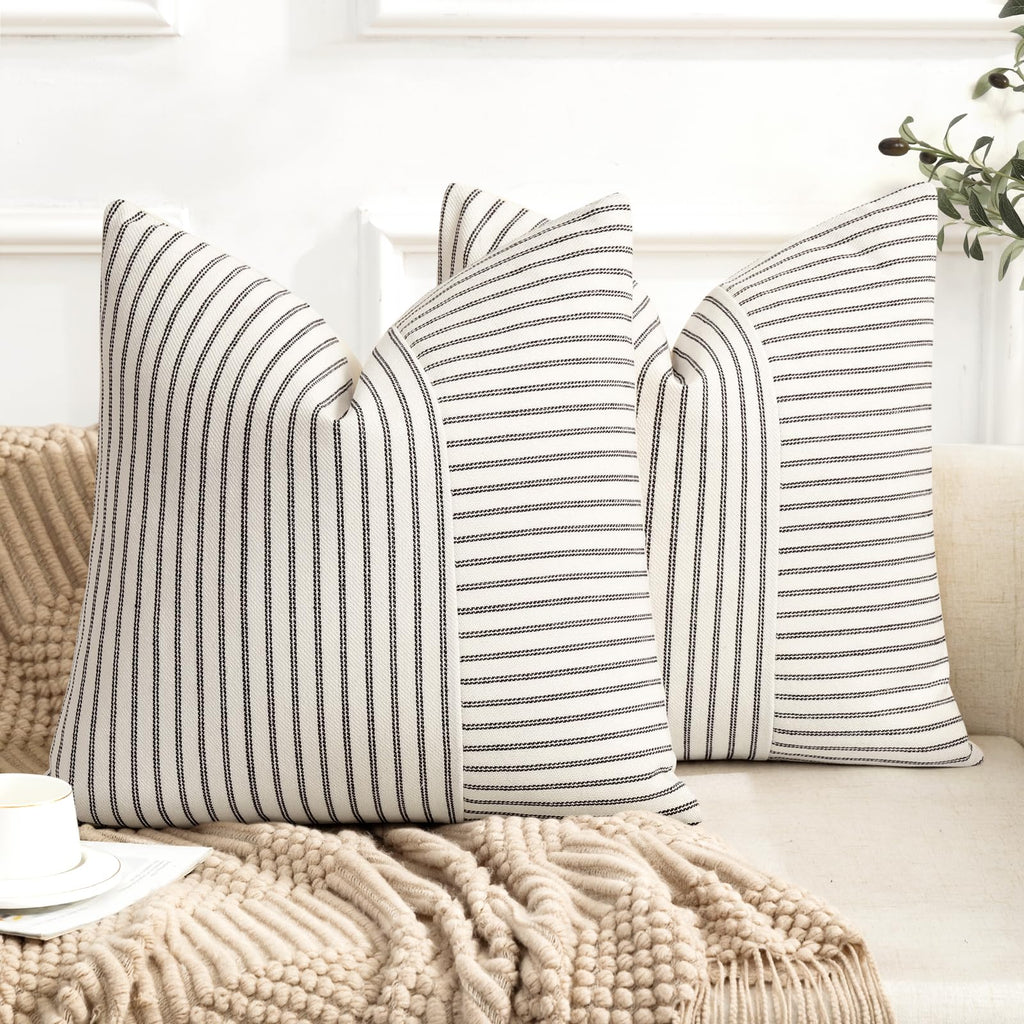 YCOLL Farmhouse Pillow Covers 18x18, Modern Accent Square Throw Pillow Covers Set of 2, Gray and Beige Striped Patchwork Linen Decorative Pillows Cushion Covers for Couch Chair Bedroom Home Decor