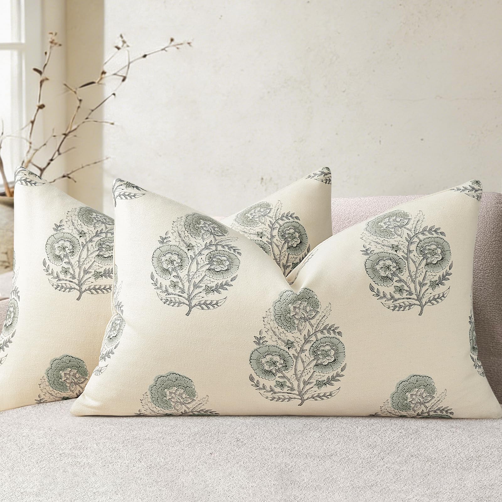 YCOLL Vintage Floral Print Pillow Covers 18x18 Set of 2 Patterned Accent Decorative Cushion Covers Modern Farmhouse Throw Pillow Covers for Sofa Couch Chair Bed Living Room Home Decor, Light Blue