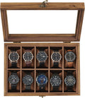 SONGMICS 10-Slot Watch Box, Watch Display Case with Large Glass Lid, Removable Watch Pillows, Velvet Lining, Gift Idea, Rustic Walnut UJOW100K01