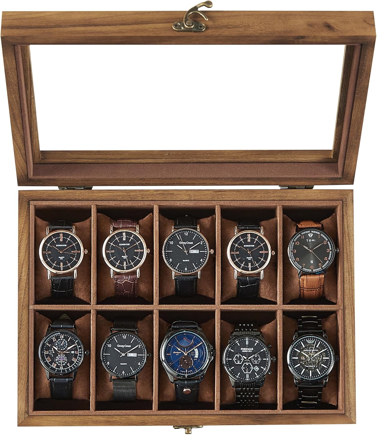 SONGMICS 10-Slot Watch Box, Watch Display Case with Large Glass Lid, Removable Watch Pillows, Velvet Lining, Gift Idea, Rustic Walnut UJOW100K01