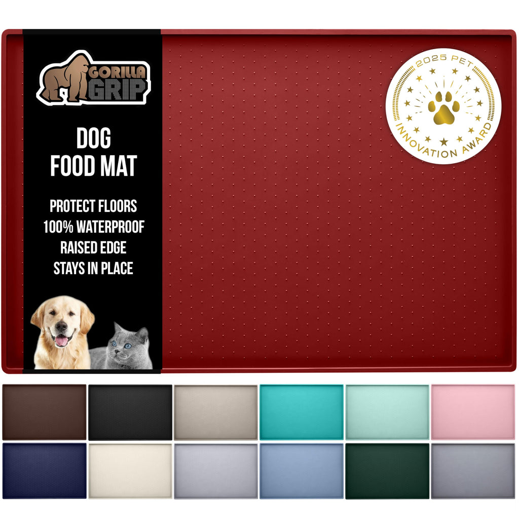 GORILLA GRIP 100% Waterproof Raised Edge BPA Free Silicone Pet Feeding Mat, Dog Cat Food Mats Contain Spills Protects Floors, Placemats for Cats and Dogs Water Bowl, Pets Accessories 18.5x11.5 Gray