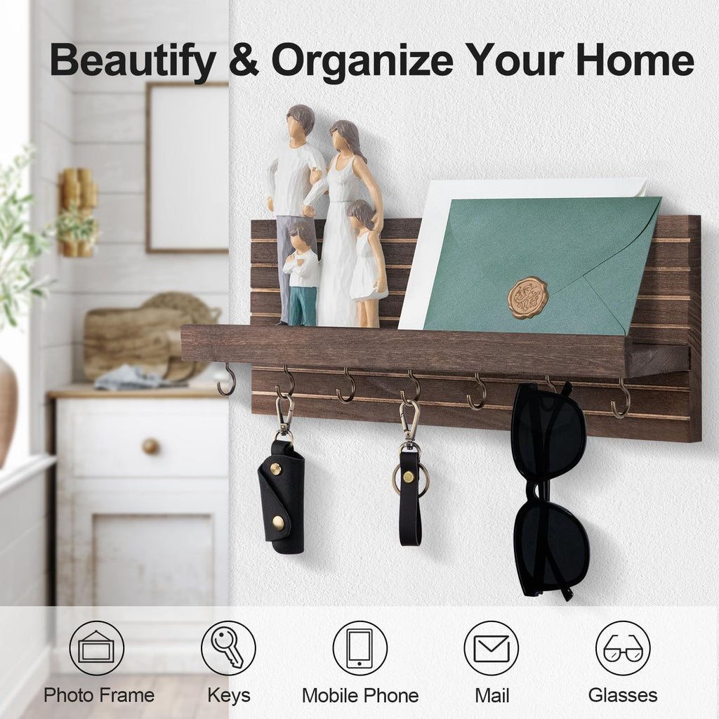 Decorative Key Holder for Wall with Shelf, Entryway Shelf with Hooks Holds Leashes, Jackets and Glasses – Sturdy Wood Keyholder Entrance Hanger with Mounting Hardware (Black, Medium)