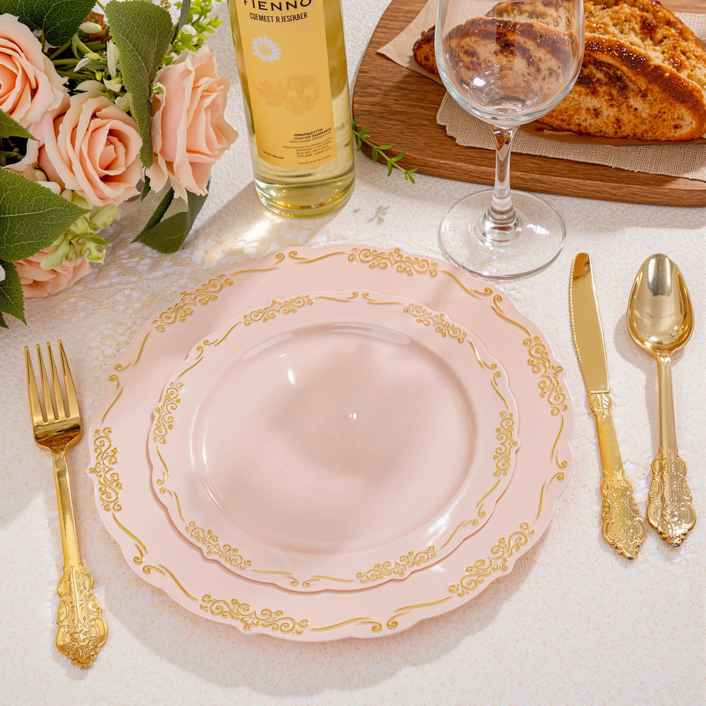 DaYammi 150Pcs Ivory Plastic Plates with Gold Rim,Disposable Plastic Plates Include 30 Dinner Plate,30 Salad Plate,30 Forks,30 Spoons,30 Knives,Ivory and Gold Plates for Party,Wedding,Mother's Day