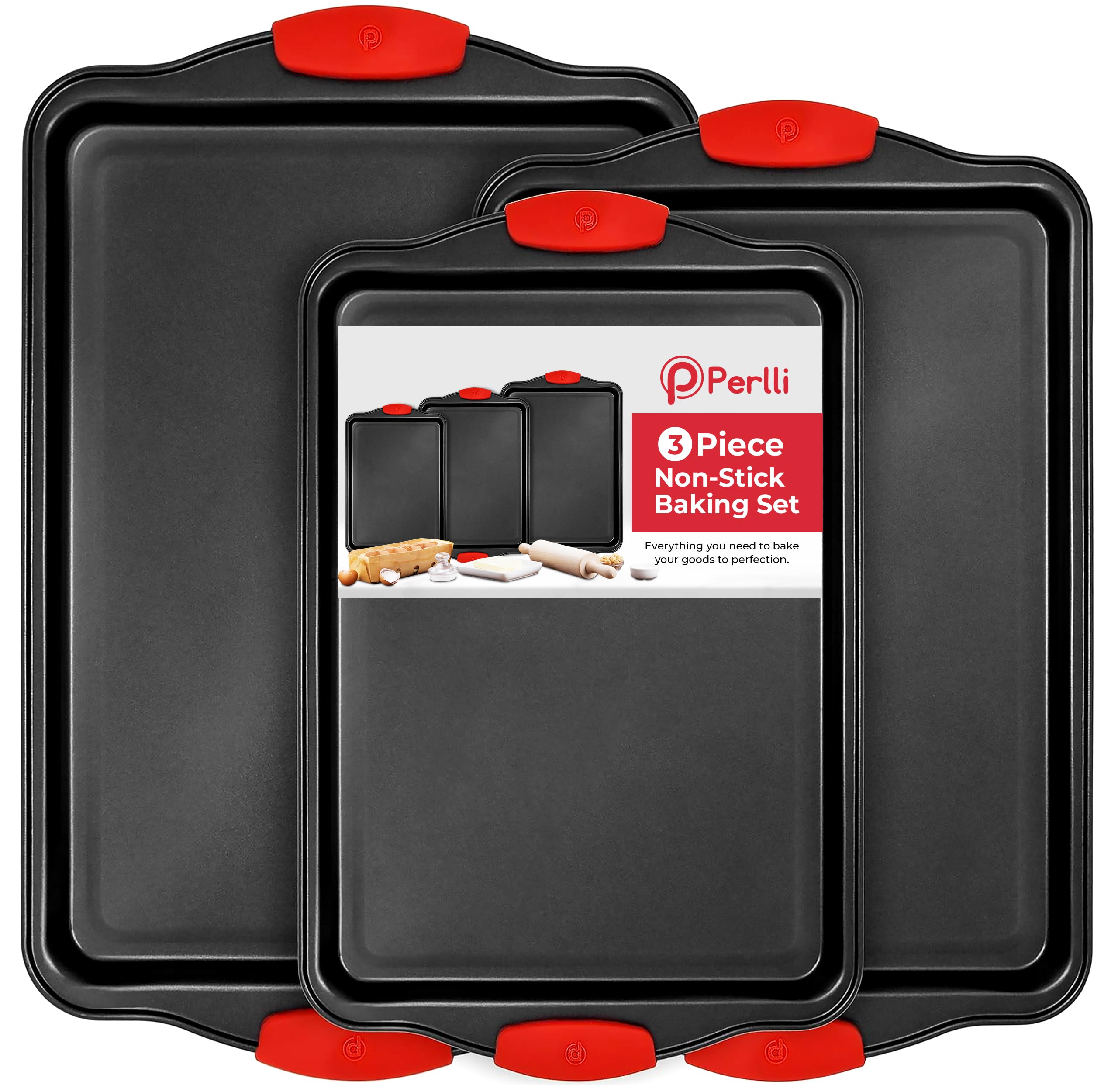 PERLLI Non-Stick 6-Piece Baking Pan Set, BPA-Free Carbon Steel Bakeware Set with Silicone Handles, Stackable Kitchen Oven Set, Cookie Sheet, Baking Tray, Baking Sheet Set, Oven Safe (446°F)