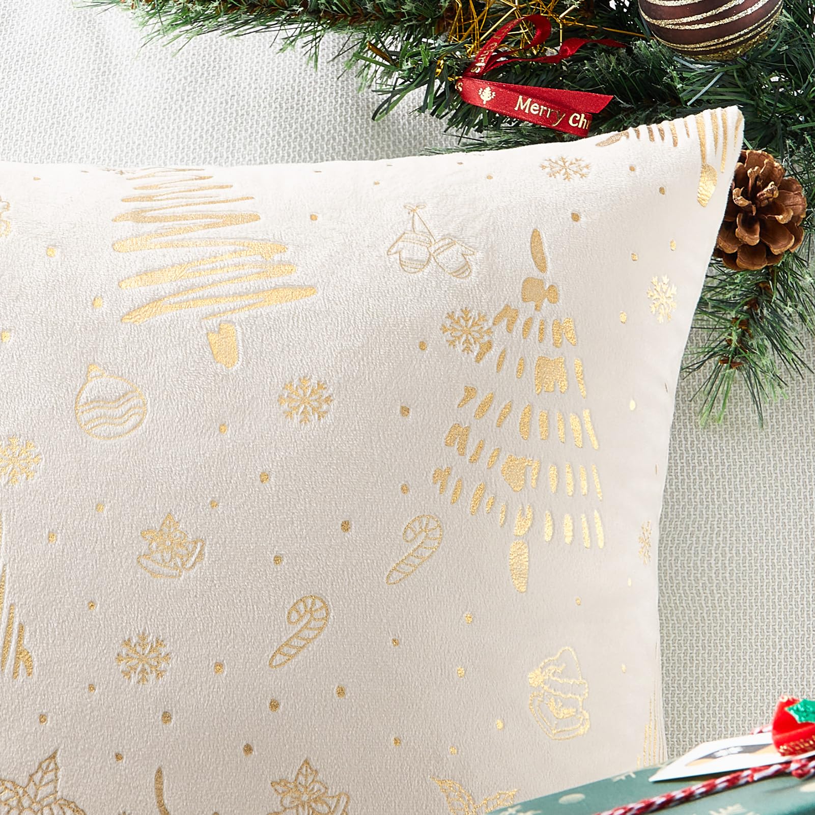 Topfinel Christmas Velvet Throw Pillow Covers Set of 2,Decorative Pillow Cover Red Xmas Gold Stamping Cushion Cases for Bedroom Livingroom Couch Christmas Indoor Home Decor 18x18 Inches