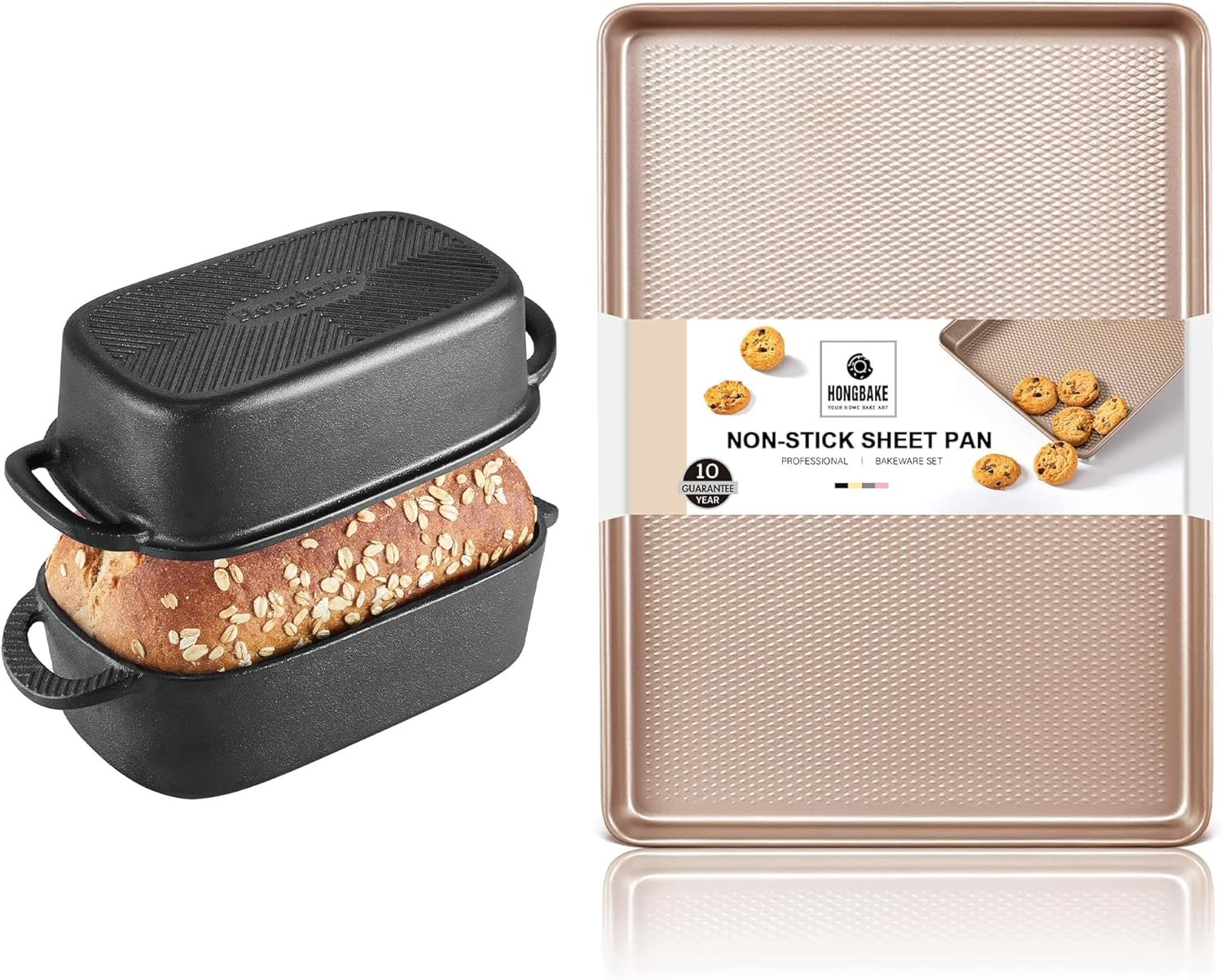 HONGBAKE Jelly Roll Pan & 2 Pack Cast Iron Loaf Pans