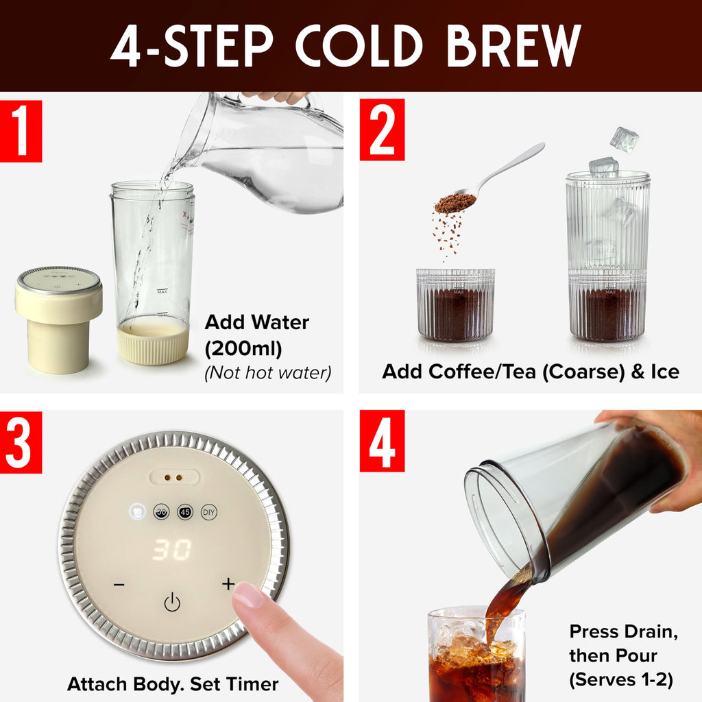 Mueller RapidBrew Cold Brew Iced Coffee Maker – 10 Min Fast Brew Portable Rechargeable Cold Brew Machine for Coffee & Tea – Adjustable Strength 10-99 Min – 20 Servings Per Charge, Black Coffee