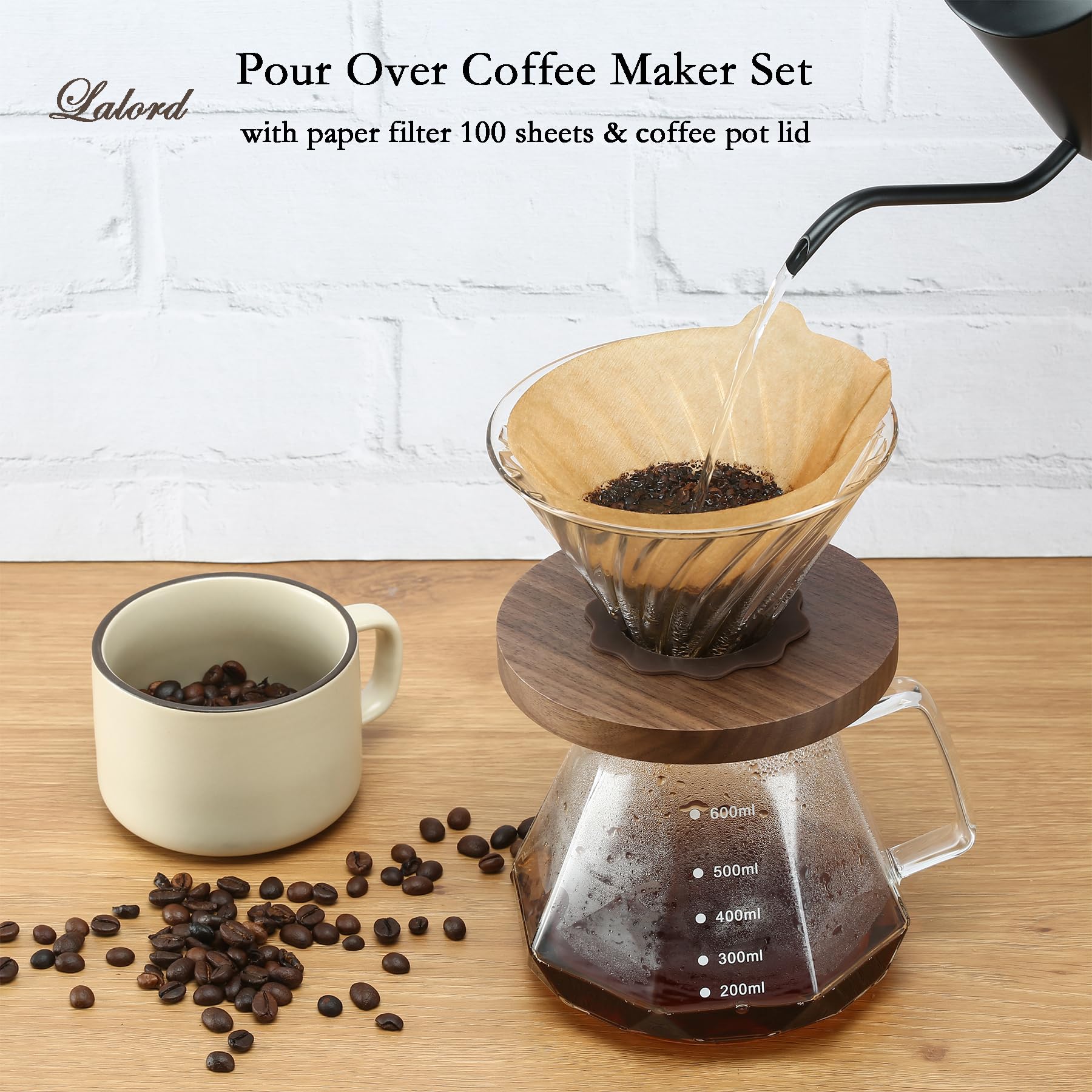 Lalord Pour Over Coffee Maker, 20 oz Borosilicate Glass Carafe with 100 pcs V60 Paper Filter by Gsform, Walnut Handle & Glass Lid, Drip Coffee Maker for Home Café Restaurant Camping, 600 ml, Clear