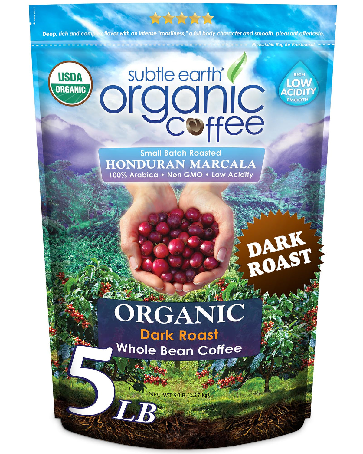2LB Subtle Earth Organic Coffee - Dark Roast - Whole Bean Coffee - 100% Arabica Beans - Low Acidity and Non-GMO - 2lb bag