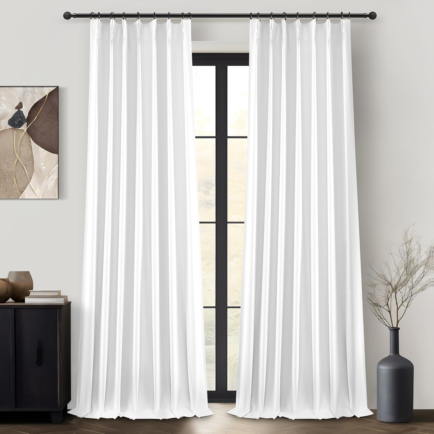 Natural Linen Pinch Pleated Blackout Curtains & Drapes 96 Inch Long Bedroom/Livingroom Farmhouse Curtains 2 Panel Sets, Neutral Track Room Darkening Thermal Insulated 8ft Back Tab Window Curtain