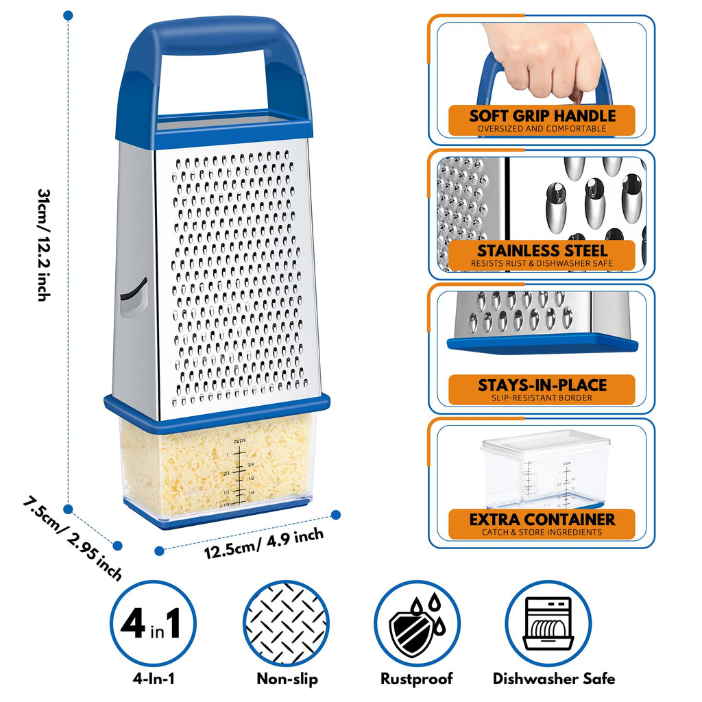 Urbanstrive Cheese Grater With Container Box Grater Stainless Steel Graters for Kitchen Cheese Shredder Parmesan Shredder Kitchen Gadgets Kitchen Tools Kitchen Gifts for Chef Dishwasher Safe Zester