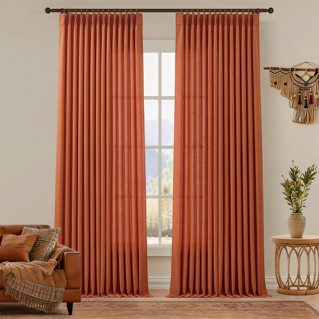 Pinch Pleated Linen Curtains 96 Inches Extra Long Olive Green Drapes, Thick Linen Light Filtering Memory Trained Pleat Curtain for Living Room and Bedroom Privacy 2 Panels Texture with Back Tab