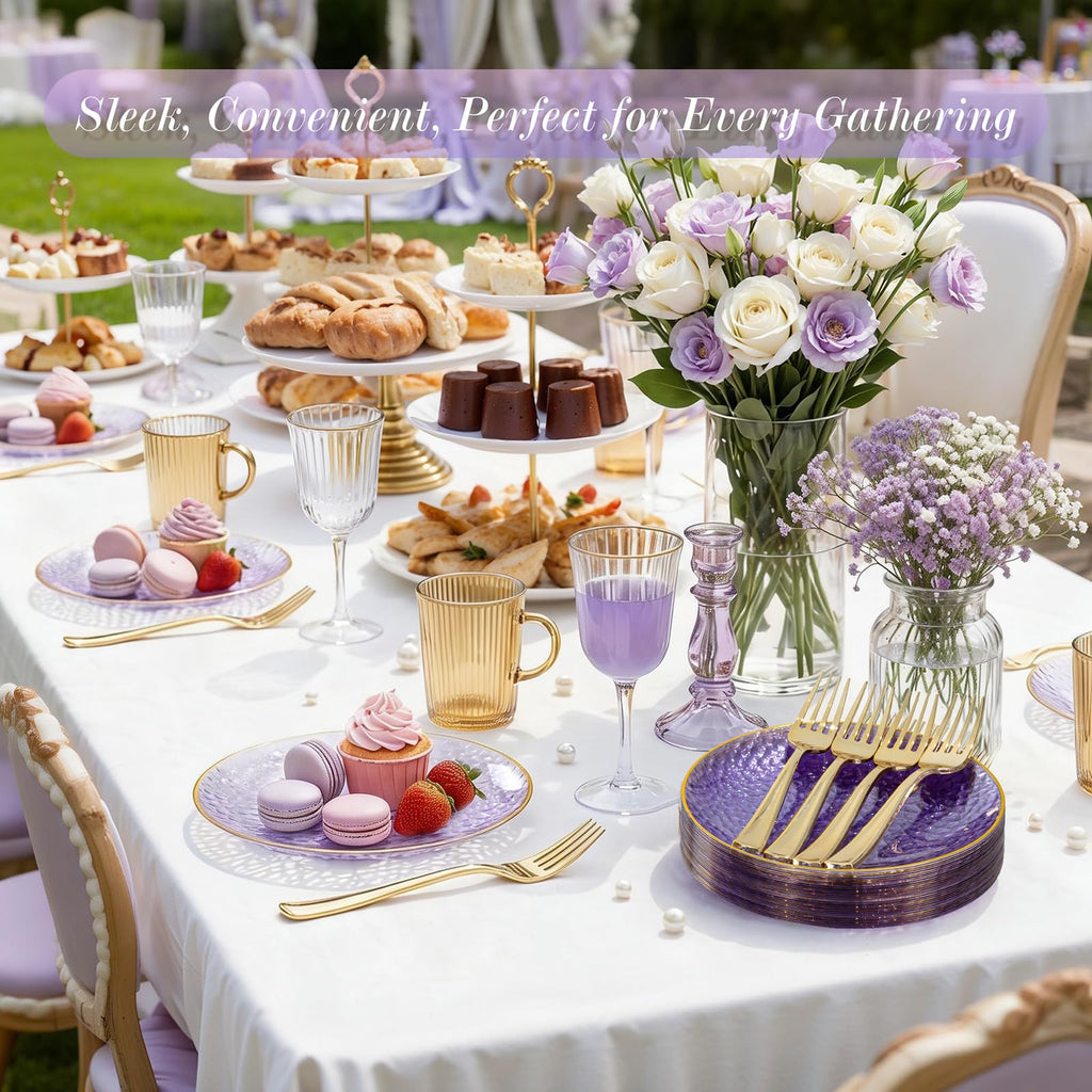 DaYammi 240Pcs Gold Plastic Plates Including 120Pcs Dessert Plates and 120Pcs Cake Forks,Hammered Party Plate,Clear Gold Appetizer plates Heavy duty Disposable Plastic Plate for Party Wedding Birthday