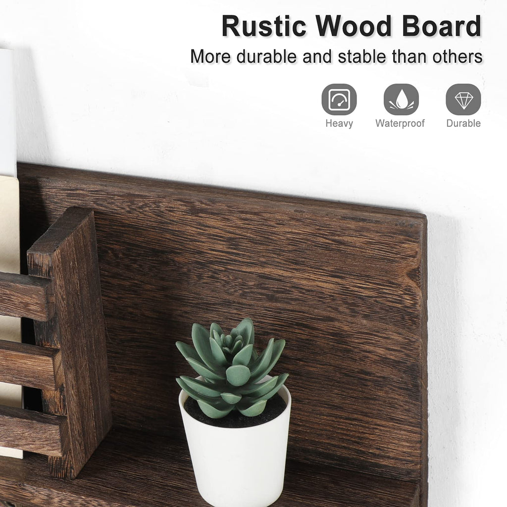 Key & Mail Holder for Wall - Rustic Natural Paulownia Wood, 4 Double-Hook Hangers - Wall Mounted Organizer for Decor, Bags, Accessories - Hardware & Manual Included (Brown)