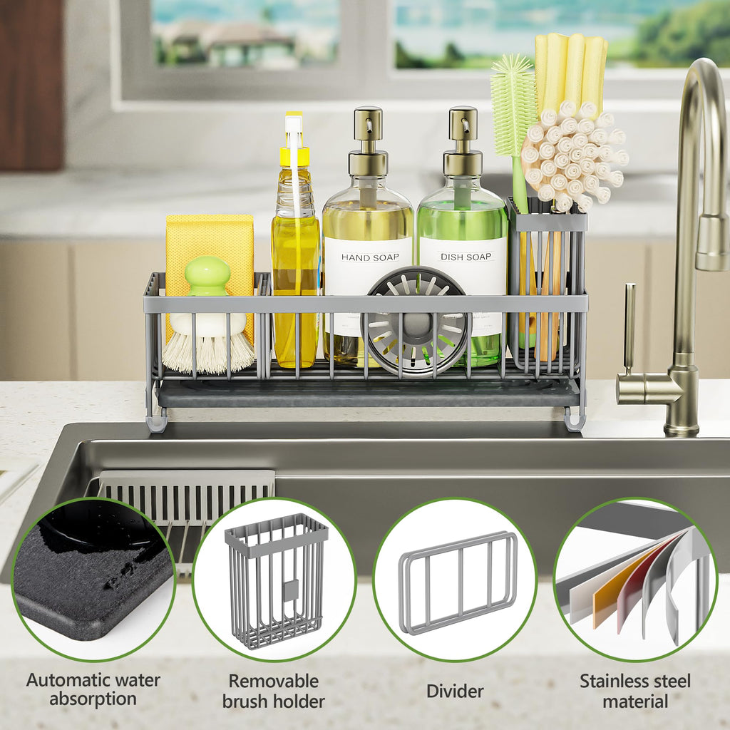 Cisily Extra Large Sink Caddy Organizer with Drying Stone, Black Sponge Holder for Kitchen, Dish Brush Holder for Countertop, Kitchen Decor Storage and Essentials