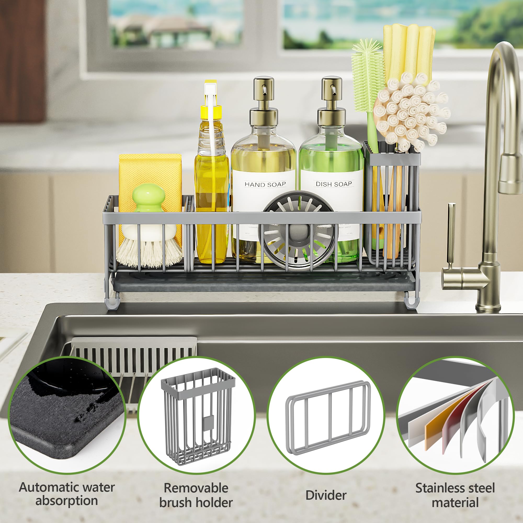 Cisily Extra Large Sink Caddy Organizer with Drying Stone, Black Sponge Holder for Kitchen, Dish Brush Holder for Countertop, Kitchen Decor Storage and Essentials