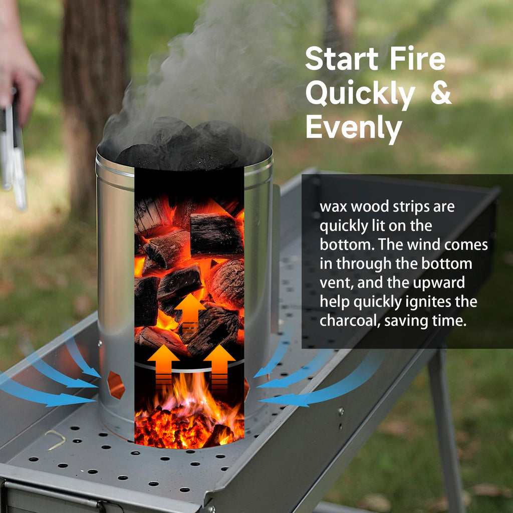 WILLBBQ Charcoal Chimney Starter Great for Fireplace, BBQ, Fire Pits, Barbecues, Chimineas, Campfires, Pizza Ovens - Zinc Steel BBQ Kit, 20 Starters, Heat Resistant Gloves Blower (Bright Black)