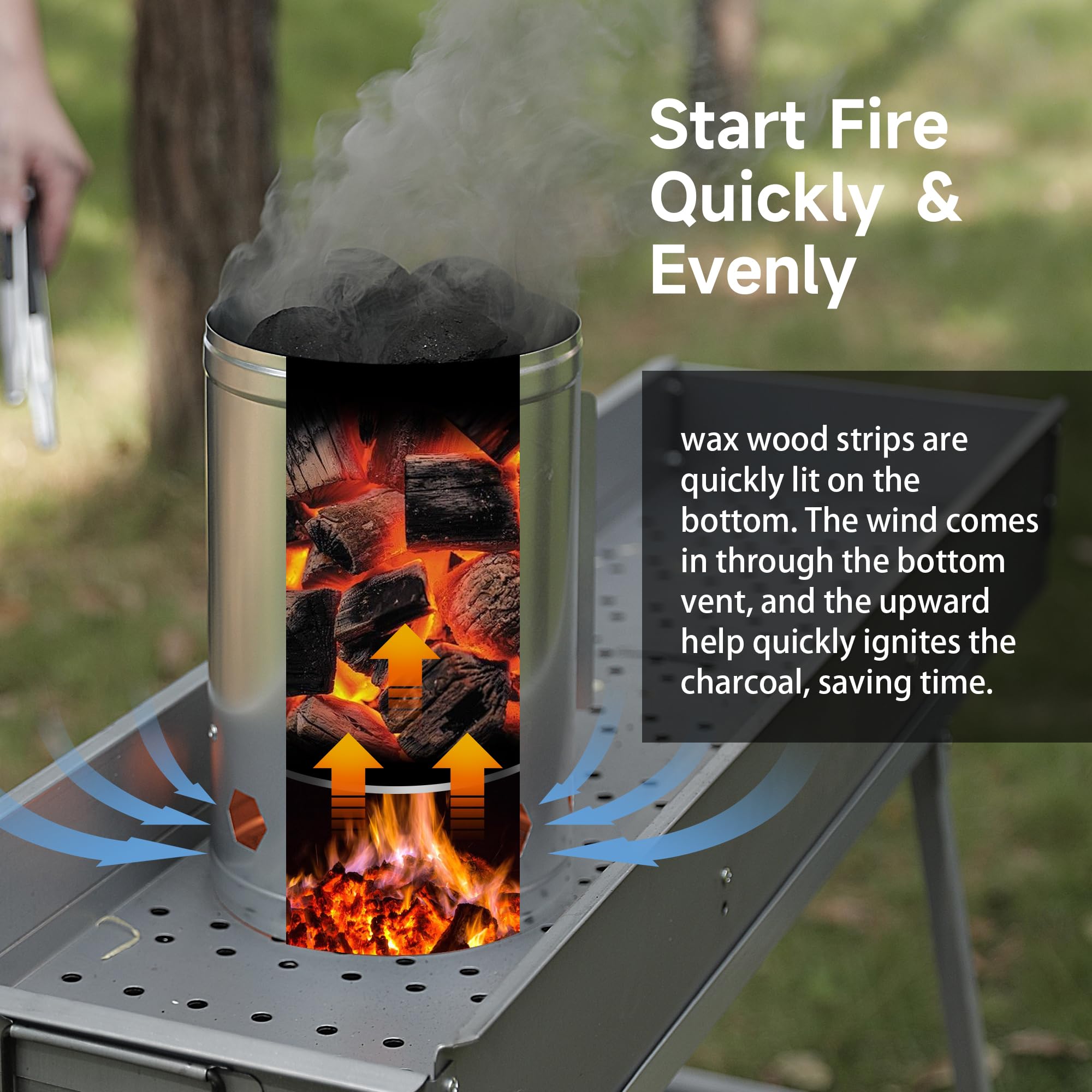 WILLBBQ Charcoal Chimney Starter Great for Fireplace, BBQ, Fire Pits, Barbecues, Chimineas, Campfires, Pizza Ovens - Zinc Steel BBQ Kit, 20 Starters, Heat Resistant Gloves Blower (Bright Black)