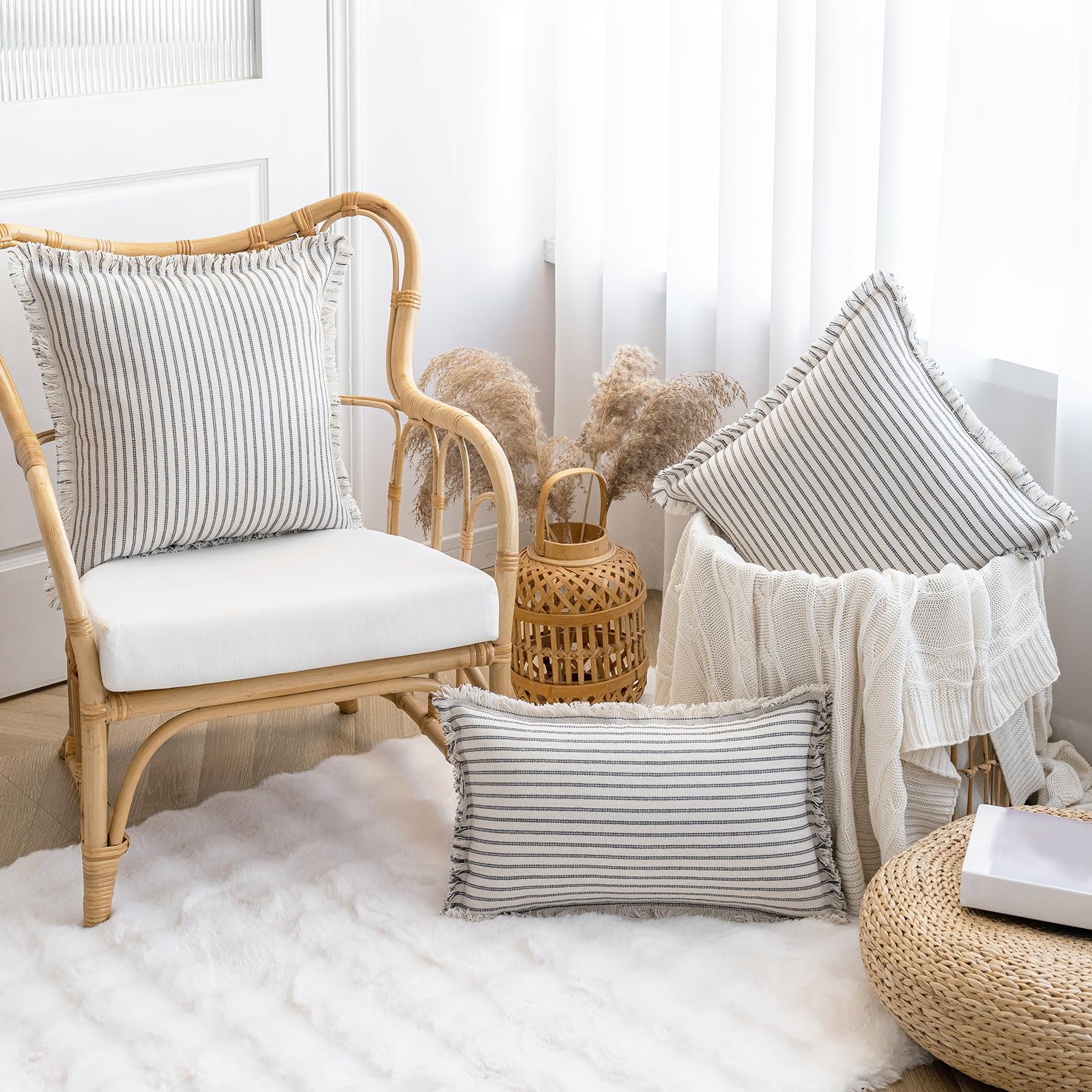 YEENAASY Throw Pillow Covers 20x20 Set of 2 Striped Fringe Pillow Cover Farmhouse Cushion Covers with Tassel Neutral Boho Pillows Decorative Square Pillowcase for Couch Sofa Bed, Black