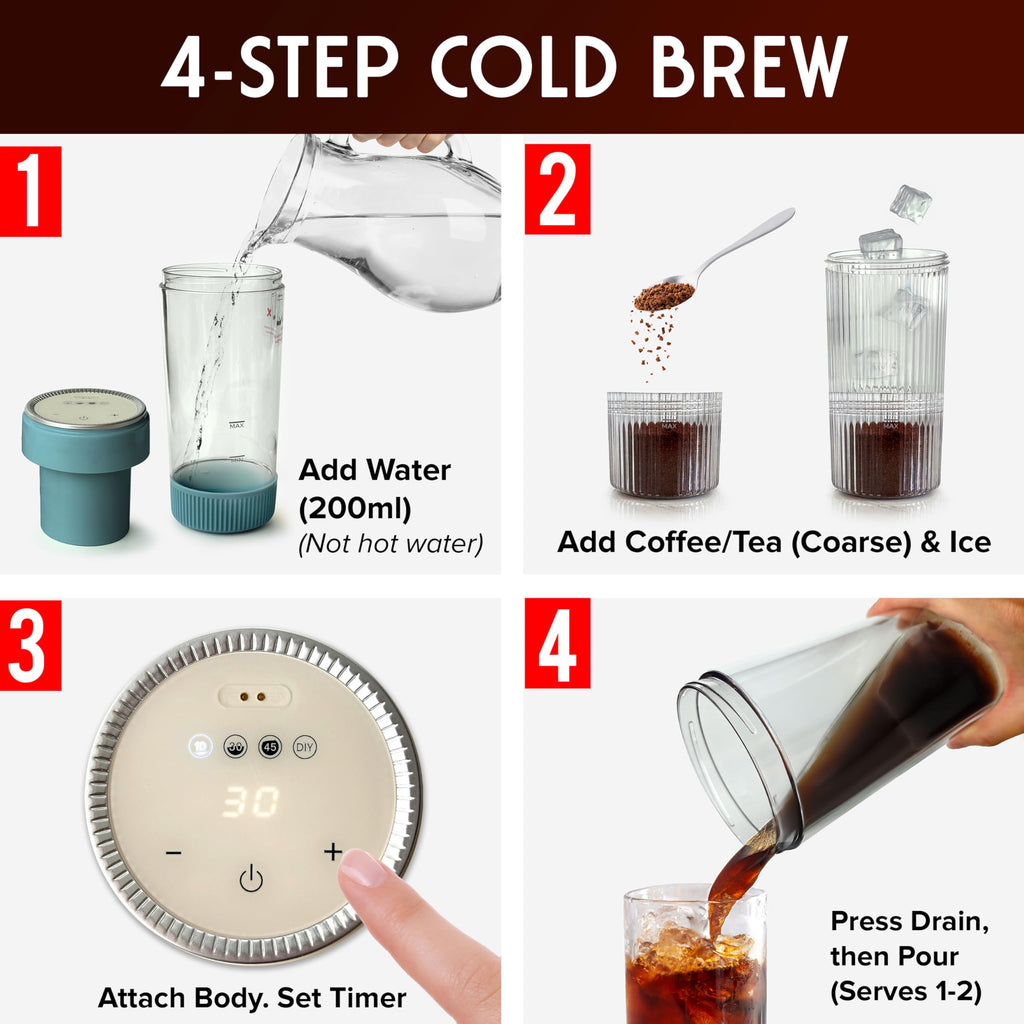 Mueller RapidBrew Cold Brew Iced Coffee Maker – 10 Min Fast Brew Portable Rechargeable Cold Brew Machine for Coffee & Tea – Adjustable Strength 10-99 Min – 20 Servings Per Charge, Black Coffee