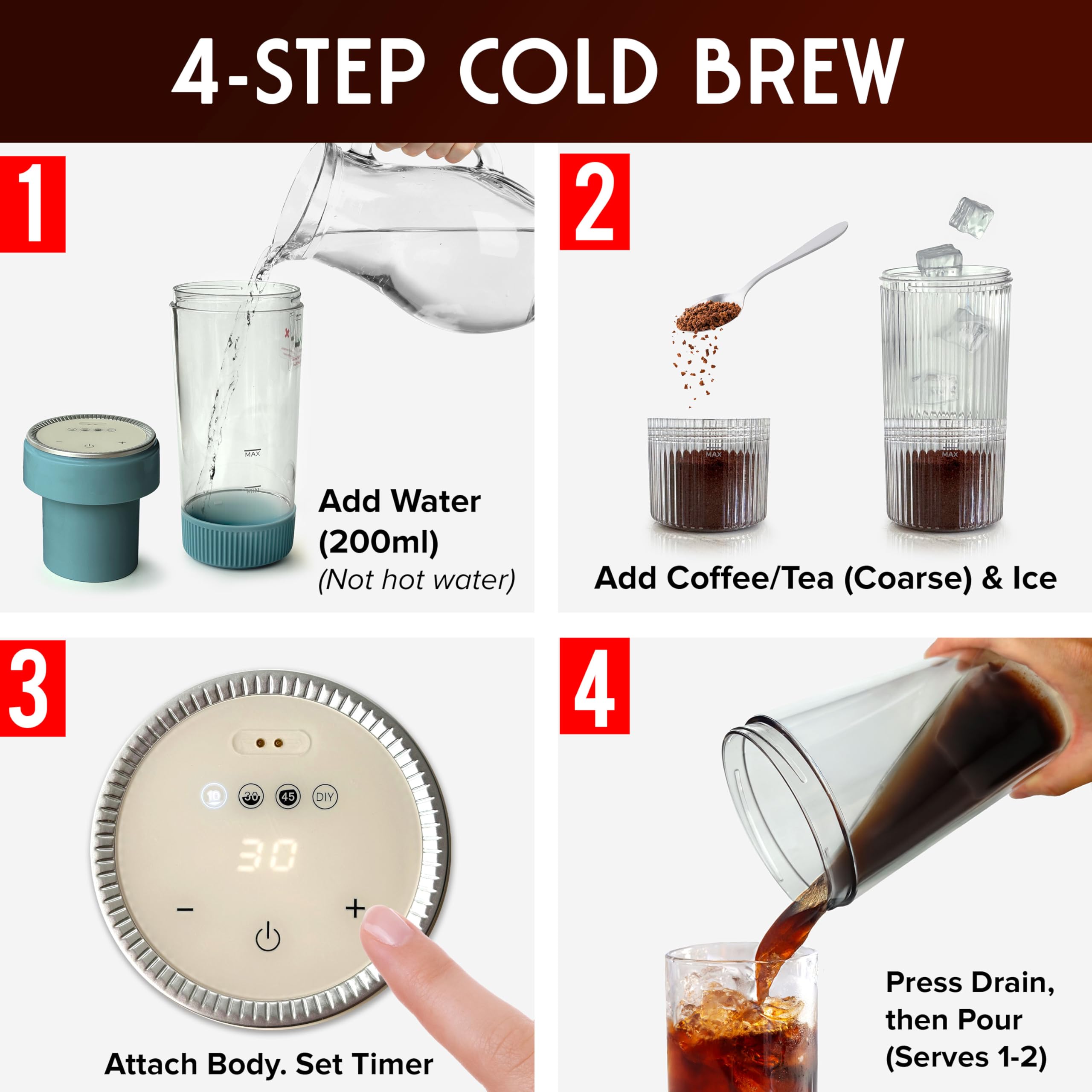Mueller RapidBrew Cold Brew Iced Coffee Maker – 10 Min Fast Brew Portable Rechargeable Cold Brew Machine for Coffee & Tea – Adjustable Strength 10-99 Min – 20 Servings Per Charge, Black Coffee
