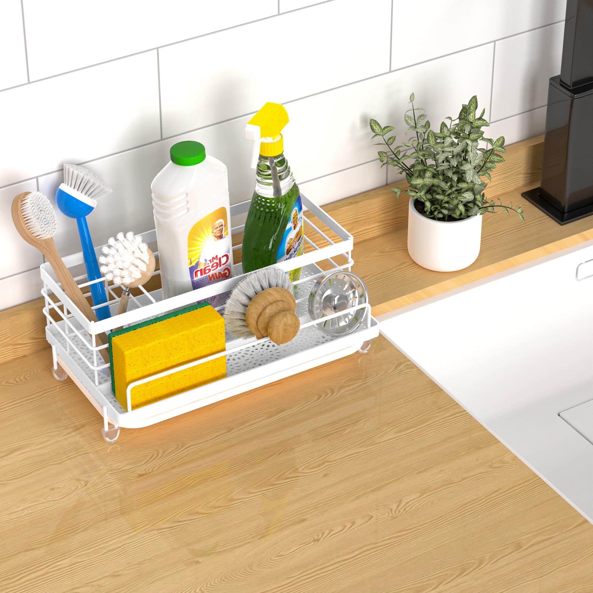 Cisily Black Sponge Holder for Kitchen, Sink Caddy Sink Organizer Rack for Kitchen Accessories with Drip Tray, Rustproof and Non-slip, Soap Dispenser Countertop Organizer Essentials for New Home