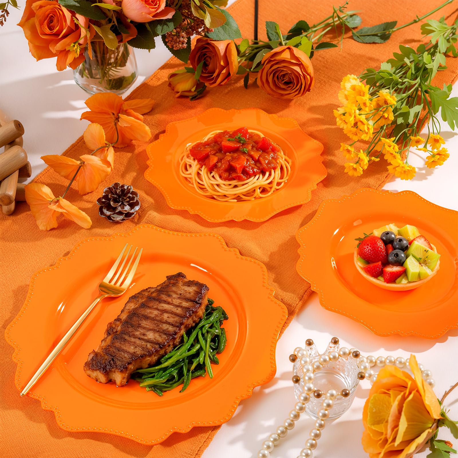 COLOSUS 60PCS White Plastic Plates for 30 guests-Fancy Plastic Beaded Plates,Plastic Plates for Party, Elegant White plates,Include 30 PCS 10.5" Dinner plates & 30PCS 8.25" Dessert plates for easter