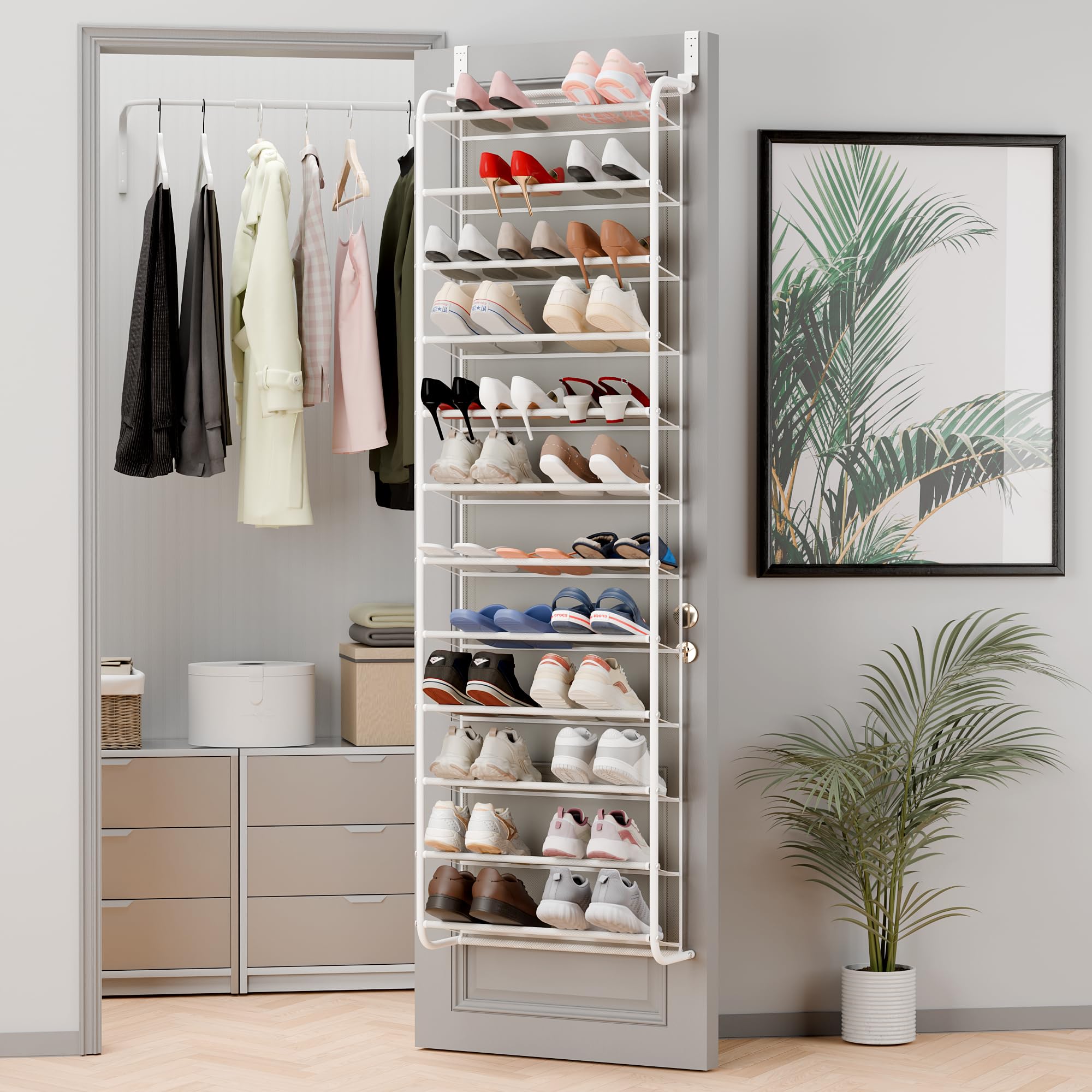 Whitmor 36 Pair Over the Door Shoe Organizer, 12 Tier Hanging Shoe Organizer, Heavy Duty Metal & Mesh Shoe Holder, Hanging Shoe Rack for Closet Organizer & Storage, 74"L x 21.7"W x 7.5"H, White