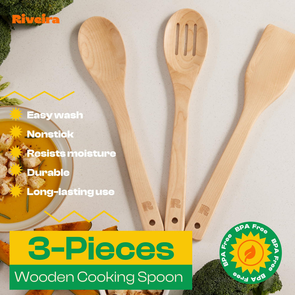 Riveira Dark Bamboo Wooden Spoons for Cooking 6-Piece, Apartment Essentials Wood Spatula Spoon Nonstick Kitchen Utensil Set Premium Quality Housewarming Gifts for Everyday Use