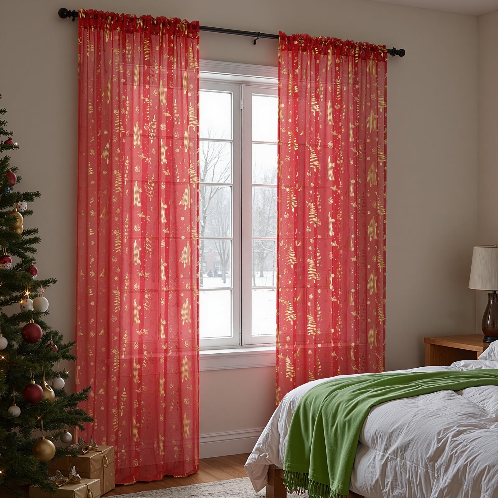 Topfinel Red Christmas Decorations for Home, Sheer Curtains 84 Inch Length for Kids/Living Room 2 Panels Set, Christmas Bells, Snowflake, Santa Claus, Xmas Ball for Cortinas De Navidad Decor