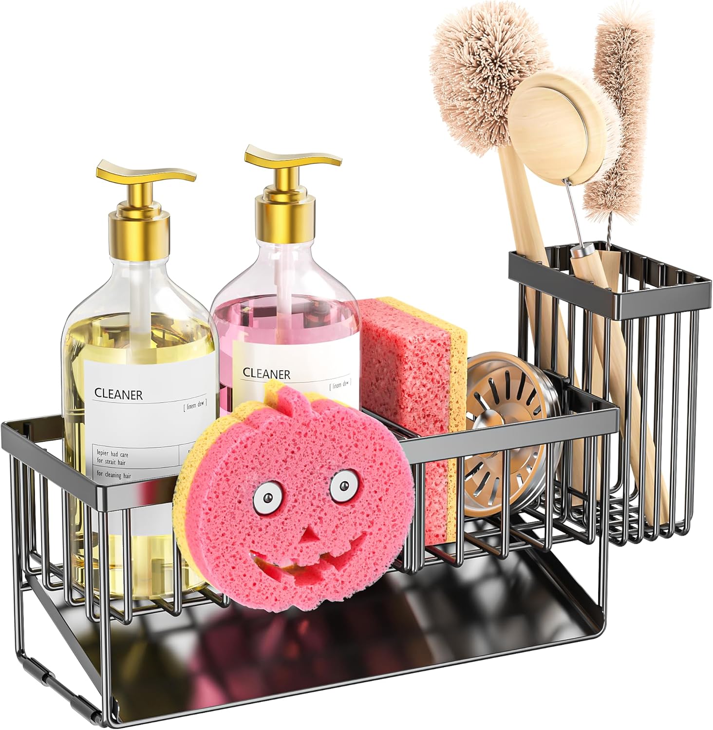 Sponge Holder for Kitchen Sink,Smiley Face Sink Caddy with Removable Brush Holder,Self-Draining Sponge Caddy for Sponge,Soap,Dish Brush,Scrubber,Kitchen Essentials and Gadgets