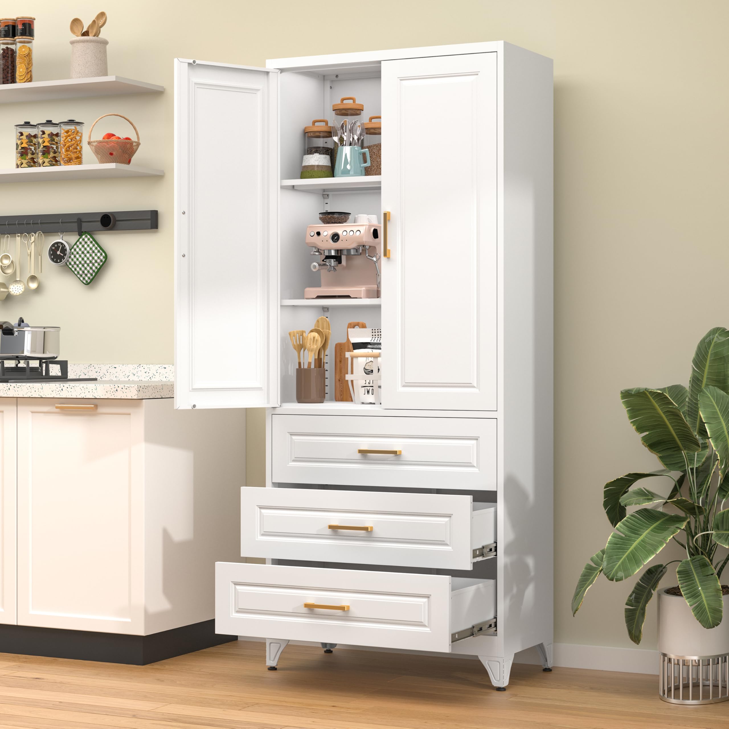 75" Tall Metal Kitchen Storage Cabinet,White Kitchen Pantry Storage Cabinet with Doors and 4 Adjustable Shelves,Utility Cabinet for Living Room,Garage,Dining Room and Office,Assemble Required