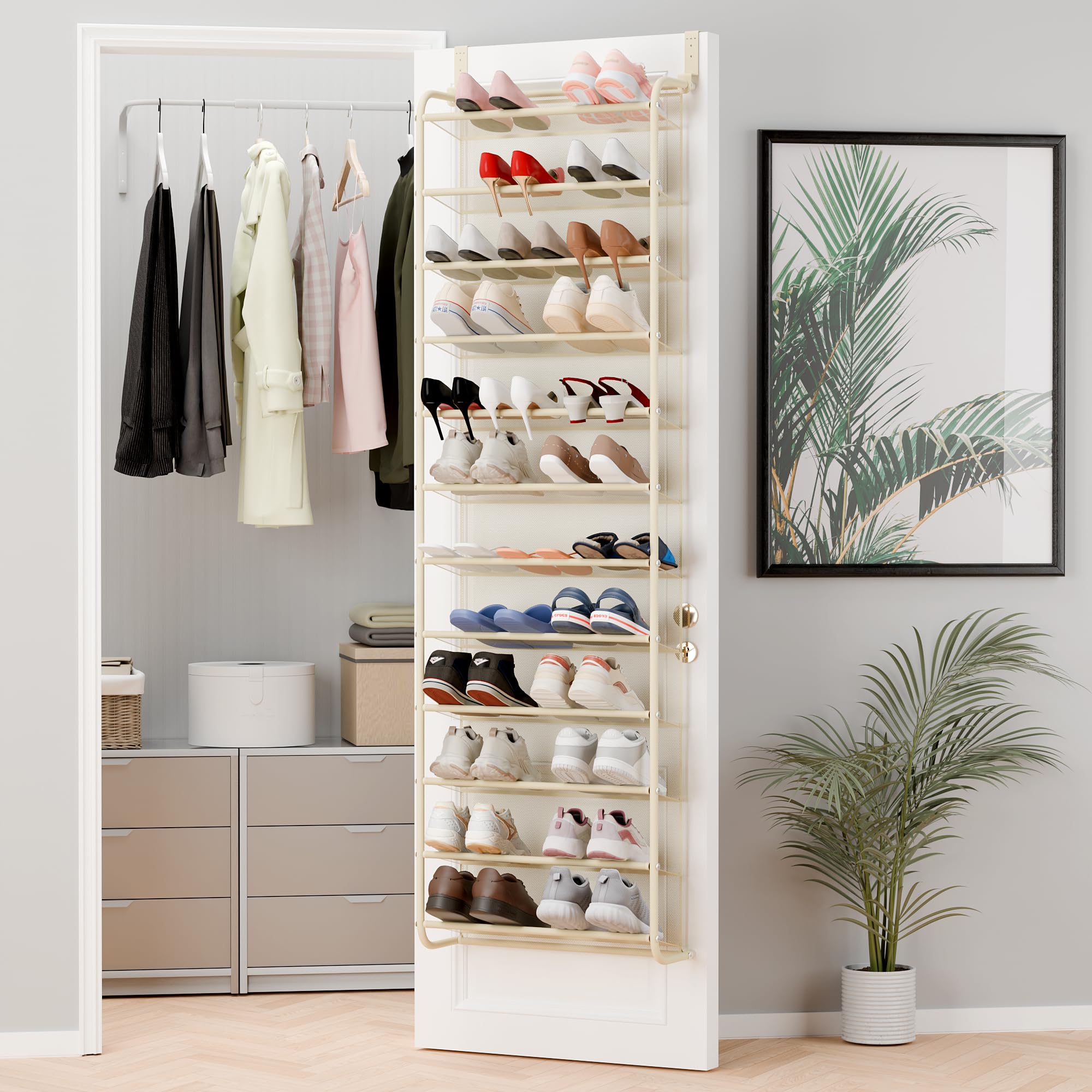 Whitmor 36 Pair Over the Door Shoe Organizer, 12 Tier Hanging Shoe Organizer, Heavy Duty Metal & Mesh Shoe Holder, Hanging Shoe Rack for Closet Organizer & Storage, 74"L x 21.7"W x 7.5"H, White