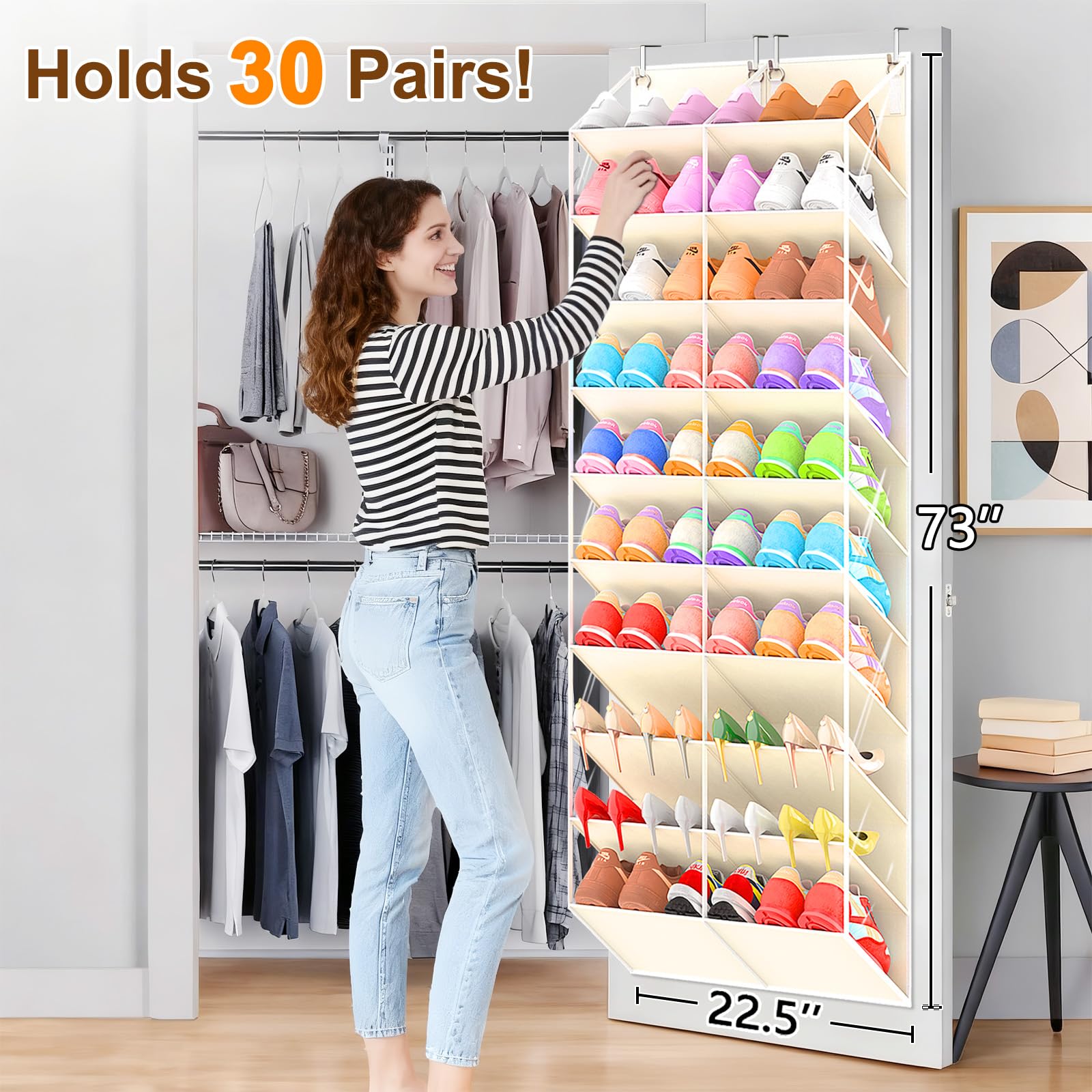UVIAHOMI 20-30 Pairs Over the Door Shoe Organizer, Clear Pockets Hanging Shoe Storage for Closet, 10-Tier Door Shoes Rack, Handing Shoes Holder Fit All the Family's Sneakers, Boots, Heels, Black