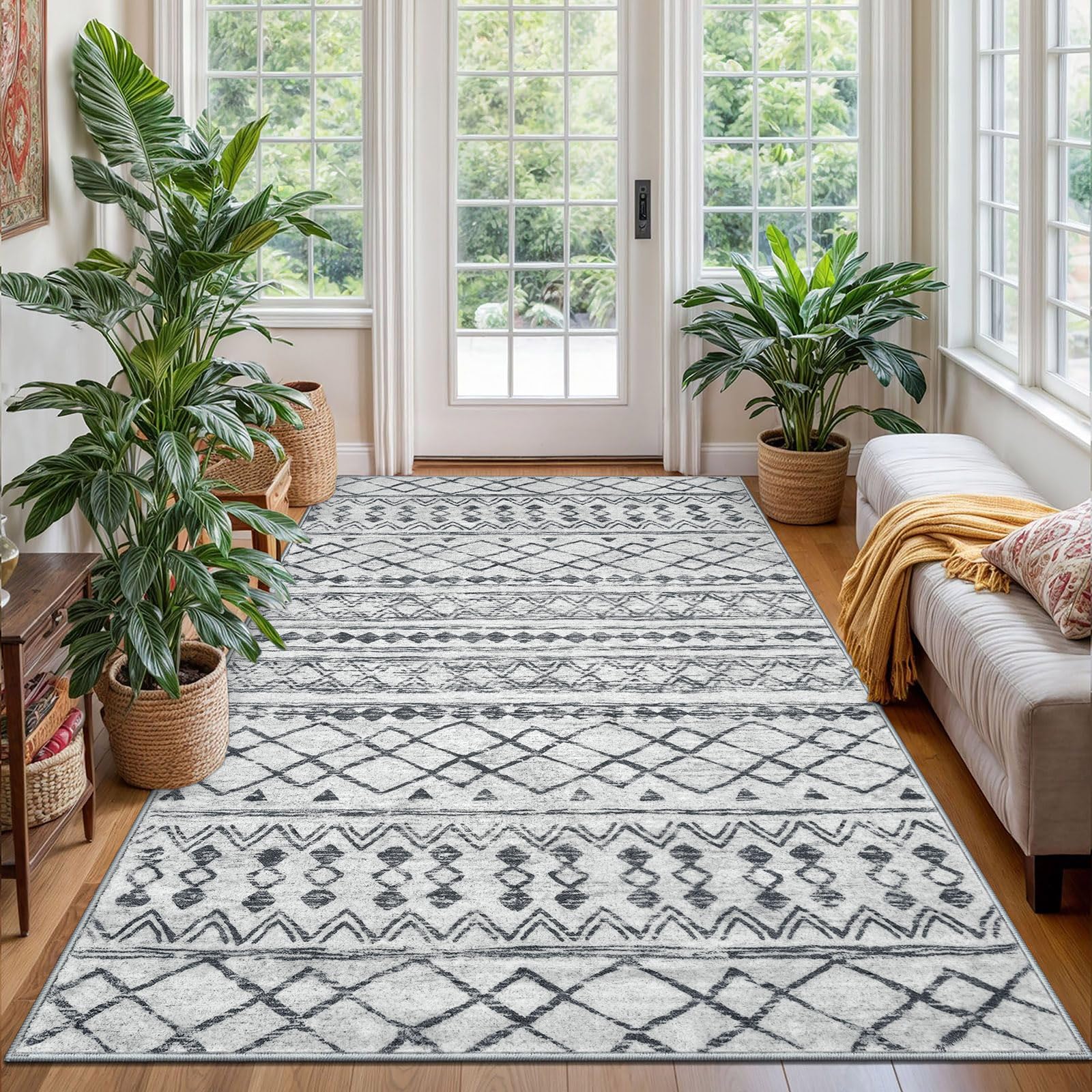 KUTA Washable Non-Slip Rugs for Entryway 2x3, Grey Moroccan Boho Small Area Rug, Ultra Soft Vintage Geometric Low-Pile Indoor Door Mat Floor Carpet for Indoor, Entrance, Kitchen, Bathroom, Bedroom