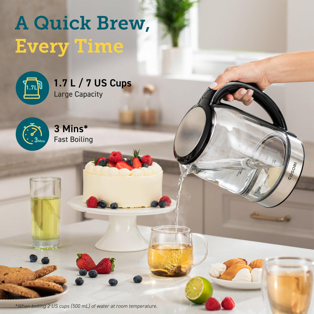 Cosori Electric Kettle, No Plastic Contact With Water, Wide Mouth For Easy Cleaning, Auto Shut Off, 1.7L Tea Kettle & Hot Water Boiler, Water Heater & Teapot, Borosilicate Glass, Black, 1500W