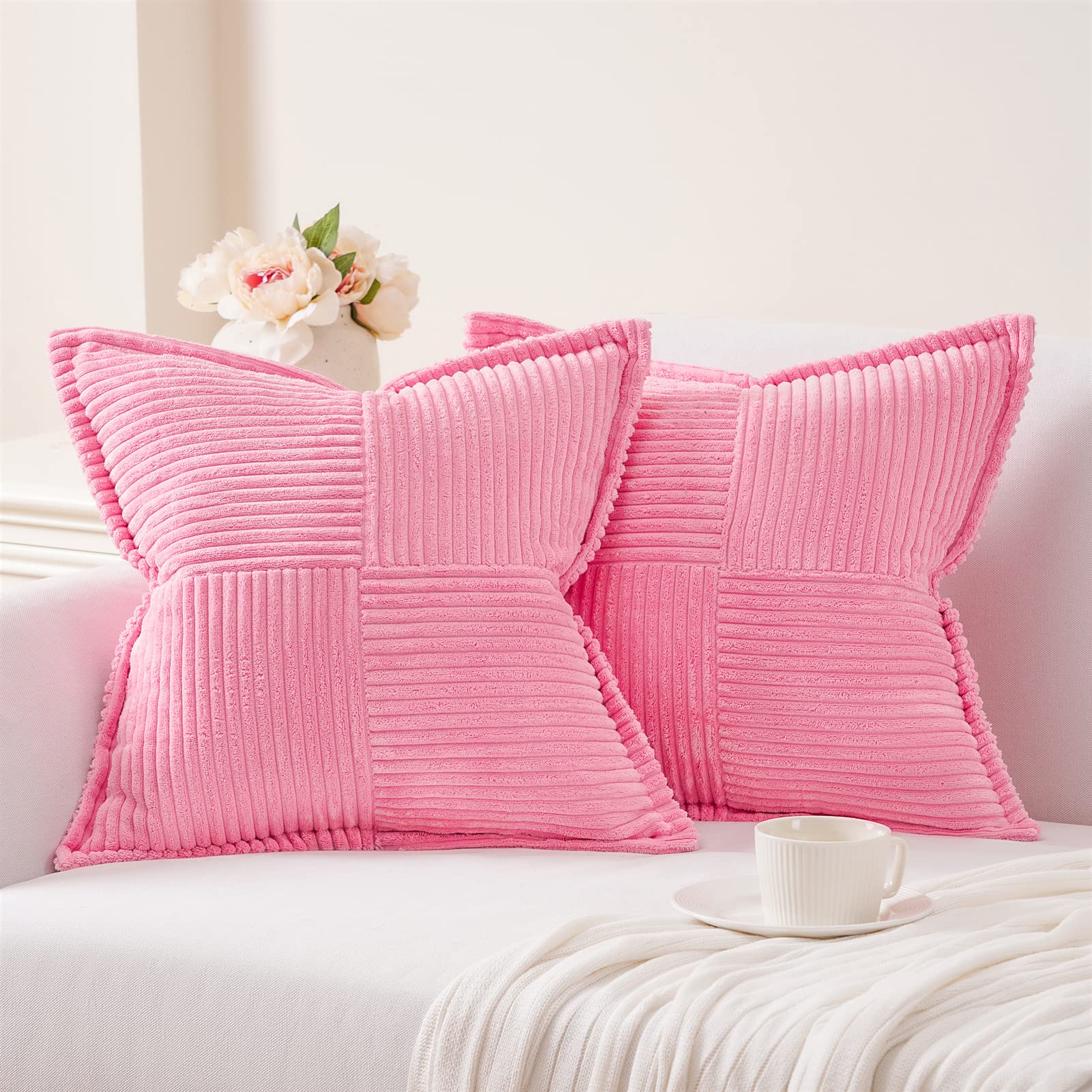 Topfinel Pink Throw Pillows Covers 18 x 18 Set of 2 for Couch Living Room,Splicing Corduroy Wide-Brimmed Decorative Cushion Covers,Rustic Farmhouse Pillowase for Girl's Bedroom Bed Sofa,Baby Pink