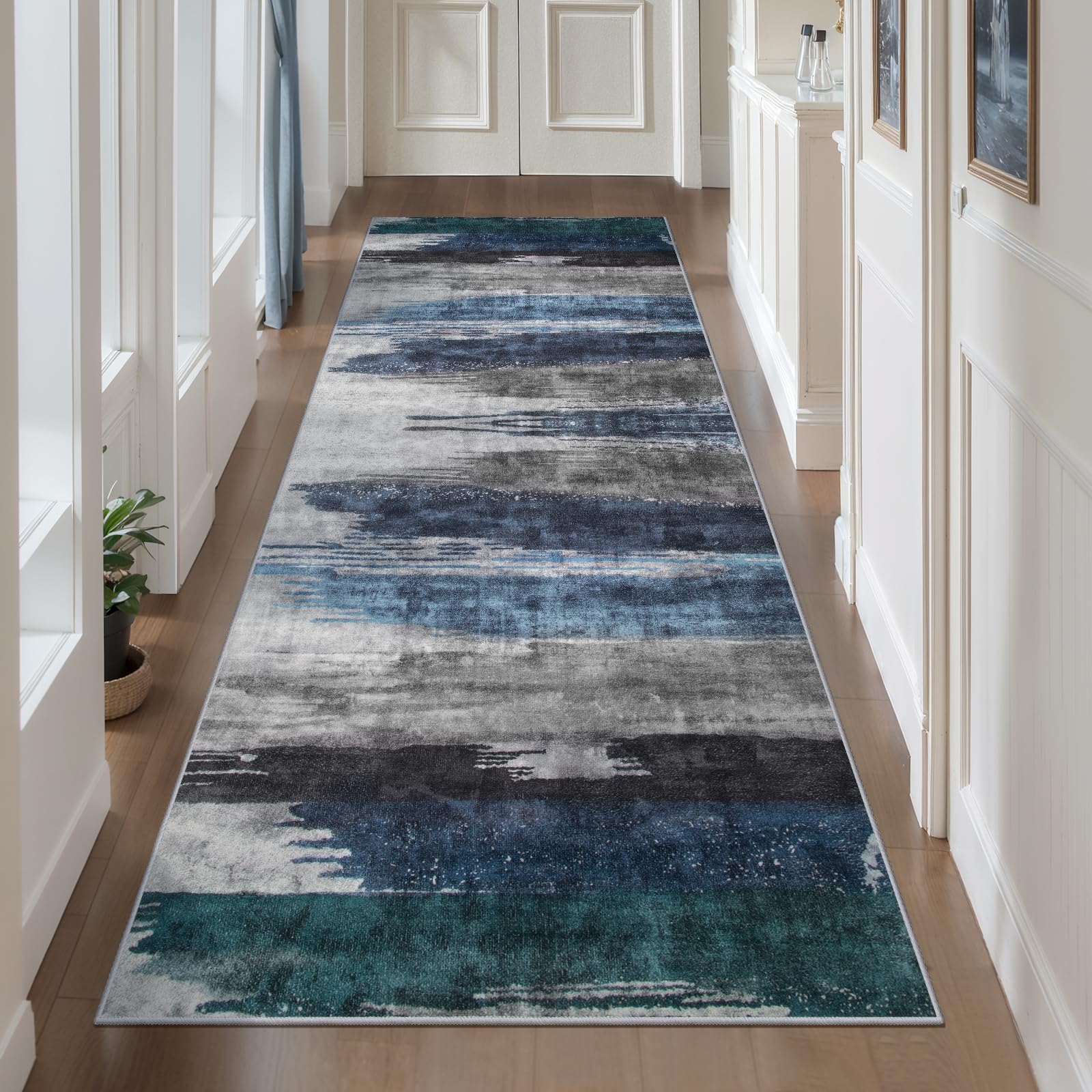 Ciicool Modern Abstract Area Rug 2x3 Washable Small Entryway Rug, Non-Slip Low Pile Throw Rug, Foldable Kitchen Bathroom Rugs, Blue Grey Floor Carpet for Entrance Living Room Bedroom Indoor Doormat