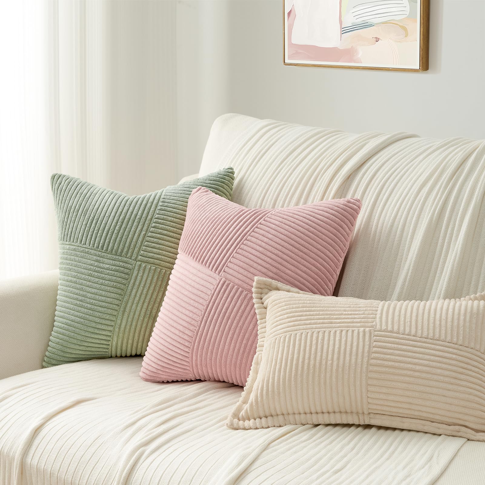 Topfinel Olive Green Decorative Throw Pillow Covers Set of 2 18x18 Inches for Couch Bed Sofa, Boho Aesthetic Home Decor, Soft Corduroy Striped Patchwork Windmill Textured Cushion Cases 45x45 cm