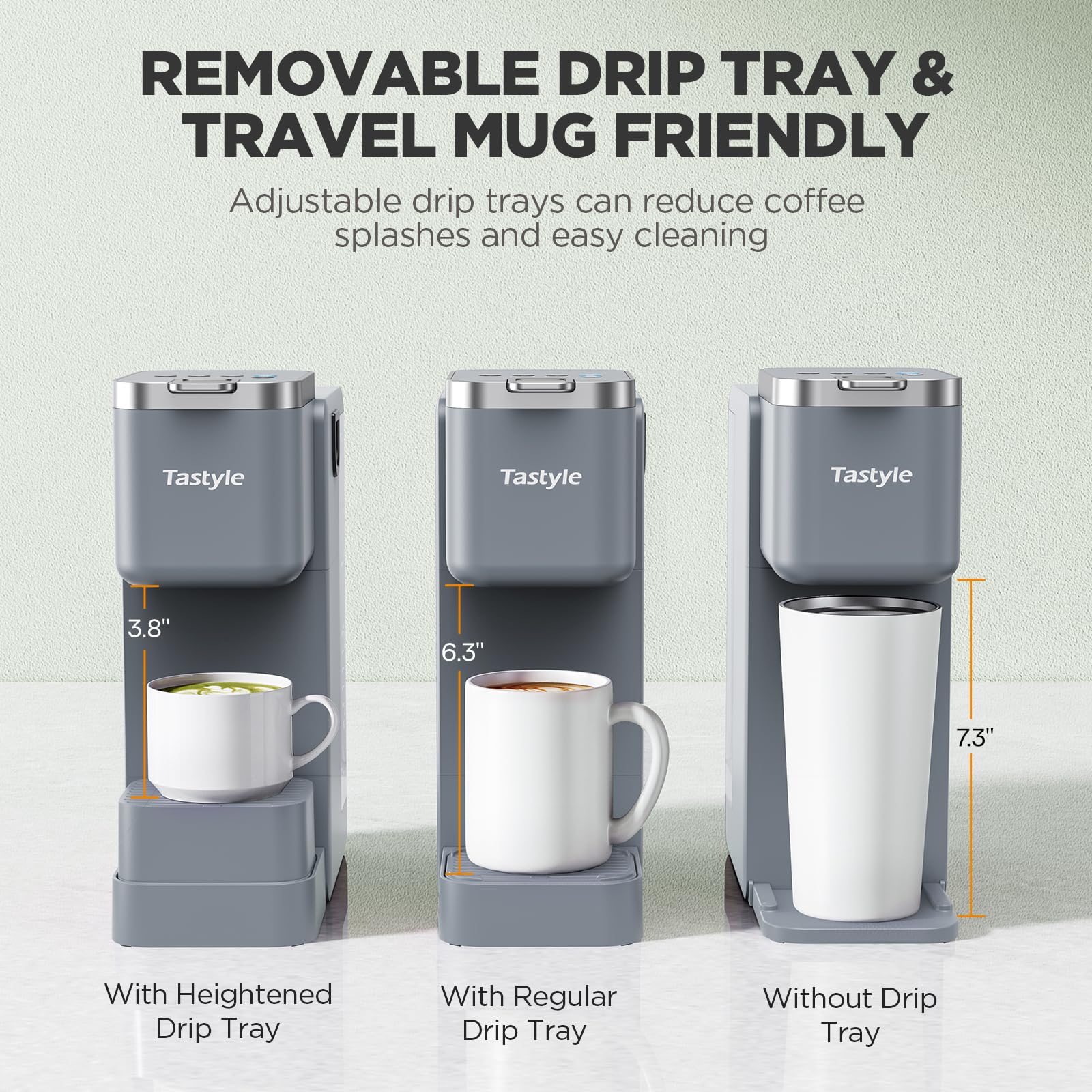 Tastyle 330MF Single Serve Coffee Maker with Built-in Detachable Milk Frother, Iced and Hot Coffee Machine for K Cup & Grounds, 40oz Removable Water Reservoir, 6 Cup Sizes, Fits 7.3" Travel Mug, Black