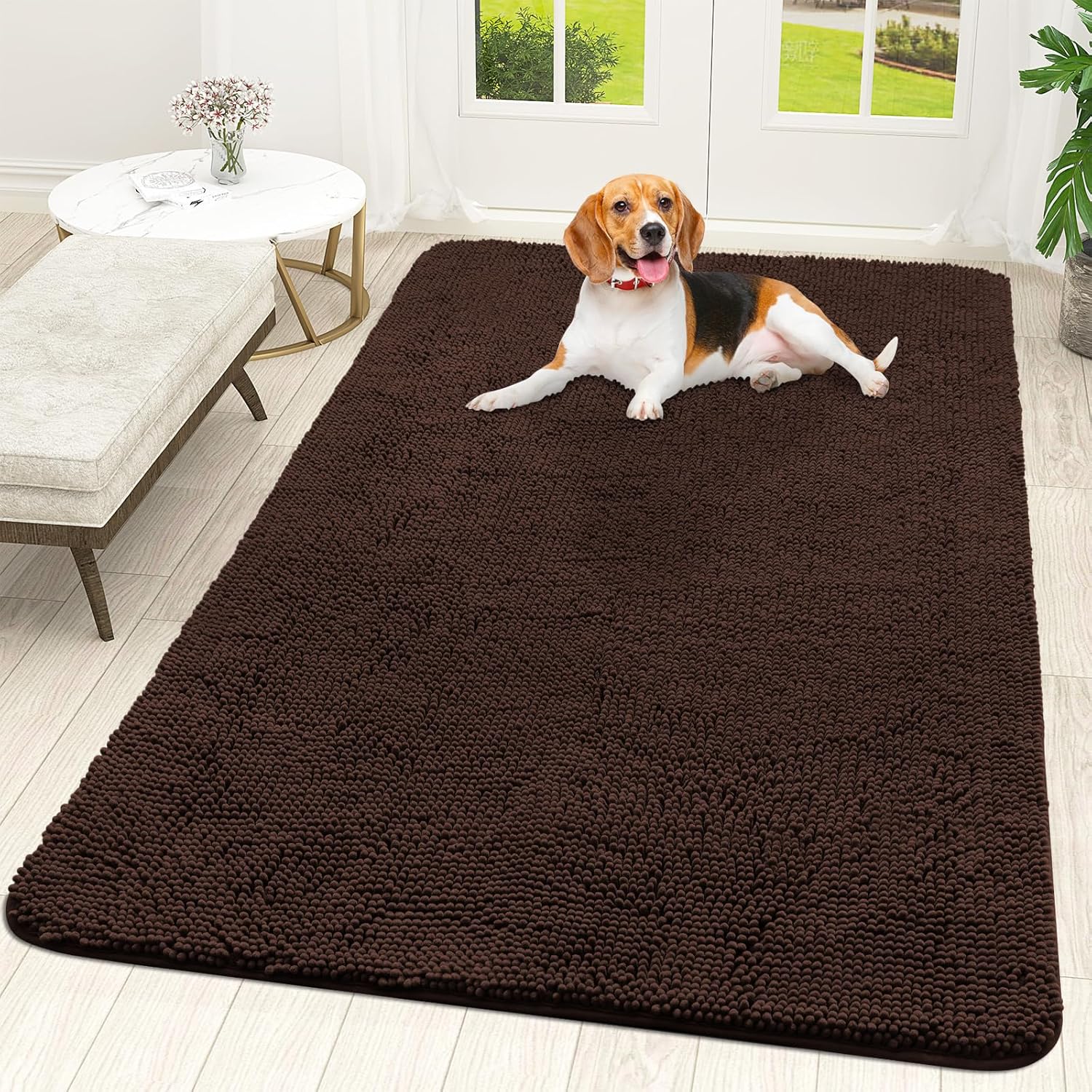 OLANLY Dog Door Mat for Muddy Paws 70x24, Absorbs Moisture and Dirt, Absorbent Non-Slip Washable Doormat, Quick Dry Chenille Mud Mat for Dogs, Entry Indoor Entryway Carpet for Inside Floor, Beige