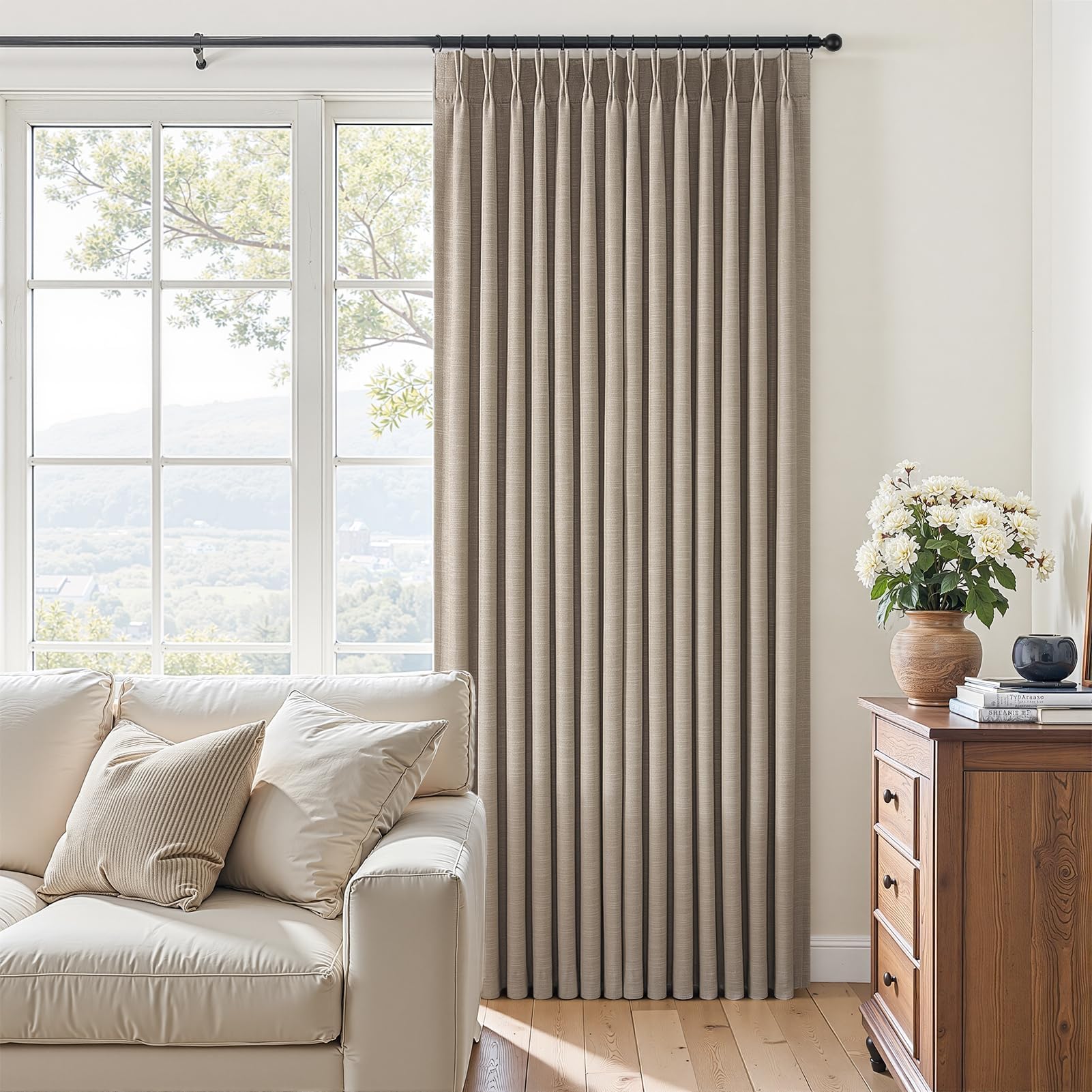 Topfinel 84 Inch Long Natural Blackout Curtains for Bedroom Livingroom, Farmhouse Back Tab Pinch Pleated Drapes for Track System,Neutral Linen Ambiance & Privacy Drapes Natural 52" W*84" L