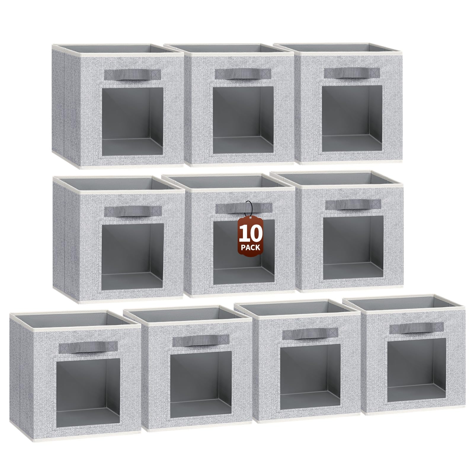 Homsorout Storage Cube 11 Inch - Cube Storage Bins with Window, Closet Storage Baskets with Handle, Fabric Bins for Closet, Shelves, Toys, Clothes, Set of 6, Grey