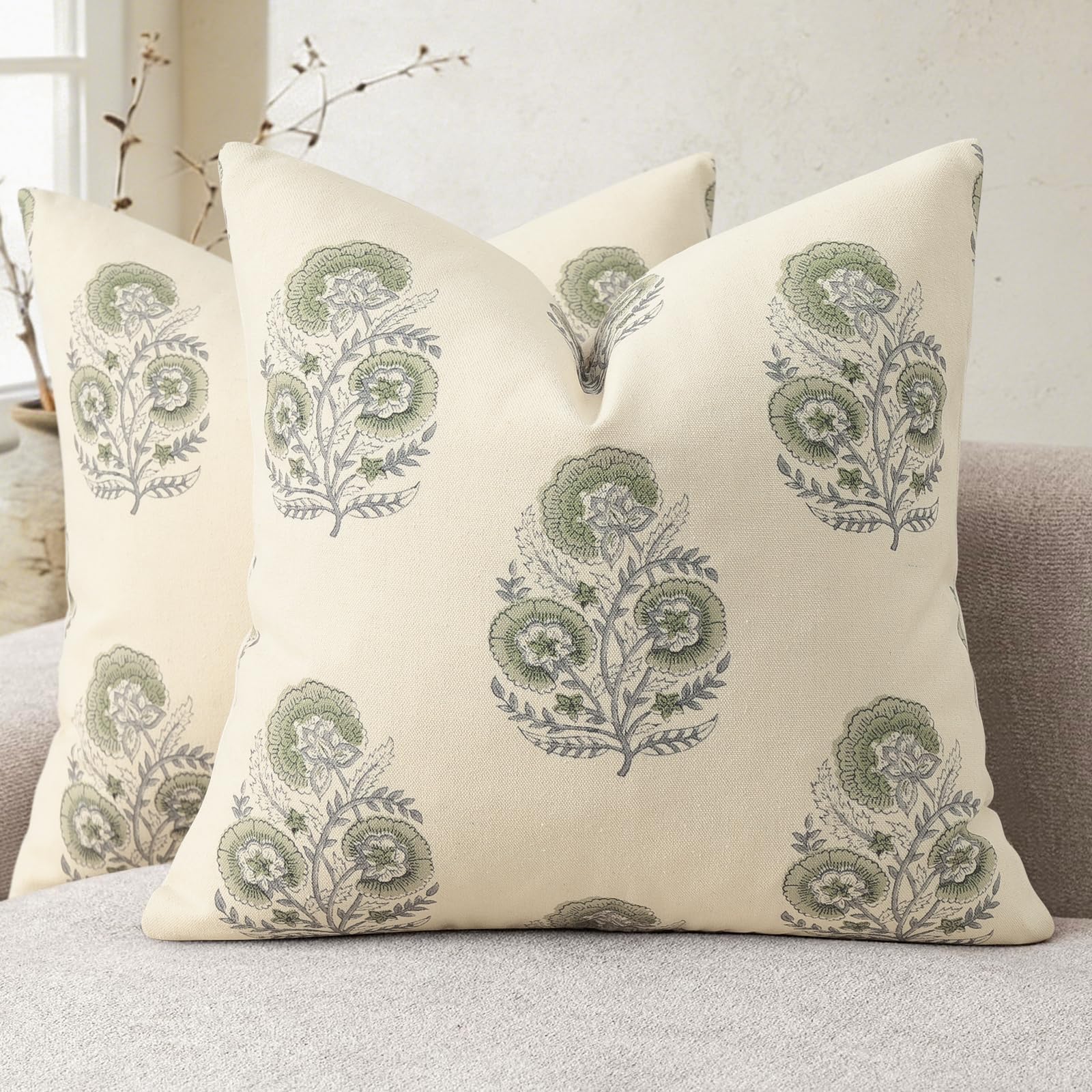 YCOLL Vintage Floral Print Pillow Covers 18x18 Set of 2 Patterned Accent Decorative Cushion Covers Modern Farmhouse Throw Pillow Covers for Sofa Couch Chair Bed Living Room Home Decor, Light Blue
