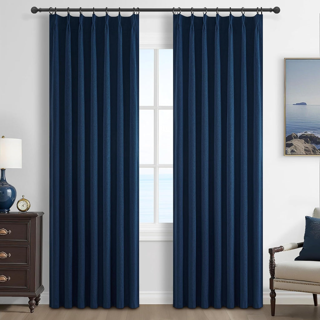 Natural Linen Pinch Pleated Blackout Curtains & Drapes 96 Inch Long Bedroom/Livingroom Farmhouse Curtains 2 Panel Sets, Neutral Track Room Darkening Thermal Insulated 8ft Back Tab Window Curtain