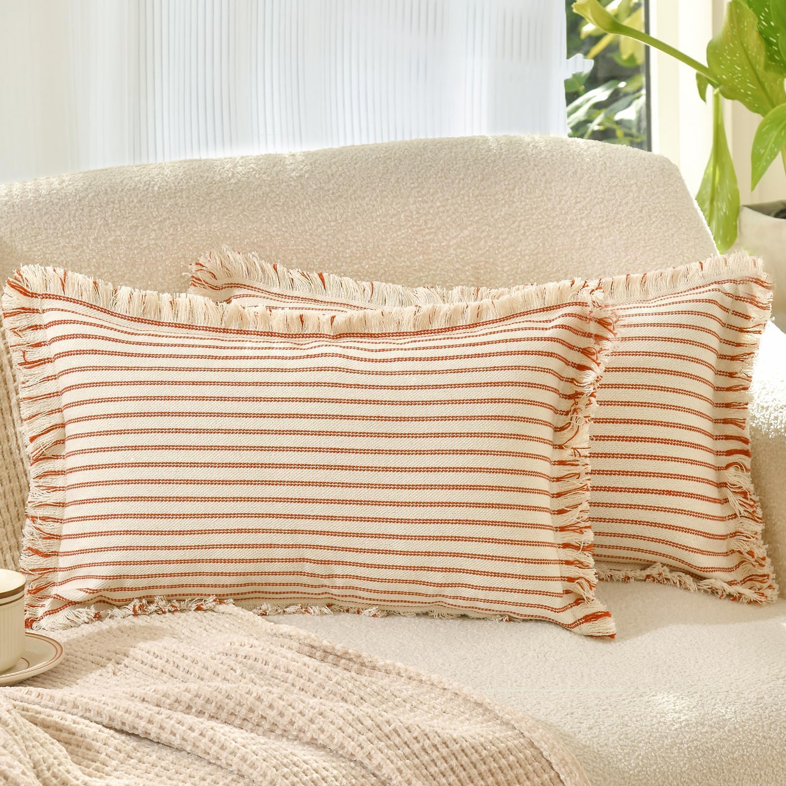 ZWJD Throw Pillow Covers 20x20 Set of 2 Striped Pillow Covers with Fringe Chic Cotton Decorative Pillows Square Cushion Covers for Sofa Couch Bed Living Room Farmhouse Decor, (Gray)