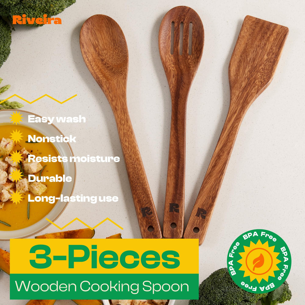 Riveira Dark Bamboo Wooden Spoons for Cooking 6-Piece, Apartment Essentials Wood Spatula Spoon Nonstick Kitchen Utensil Set Premium Quality Housewarming Gifts for Everyday Use